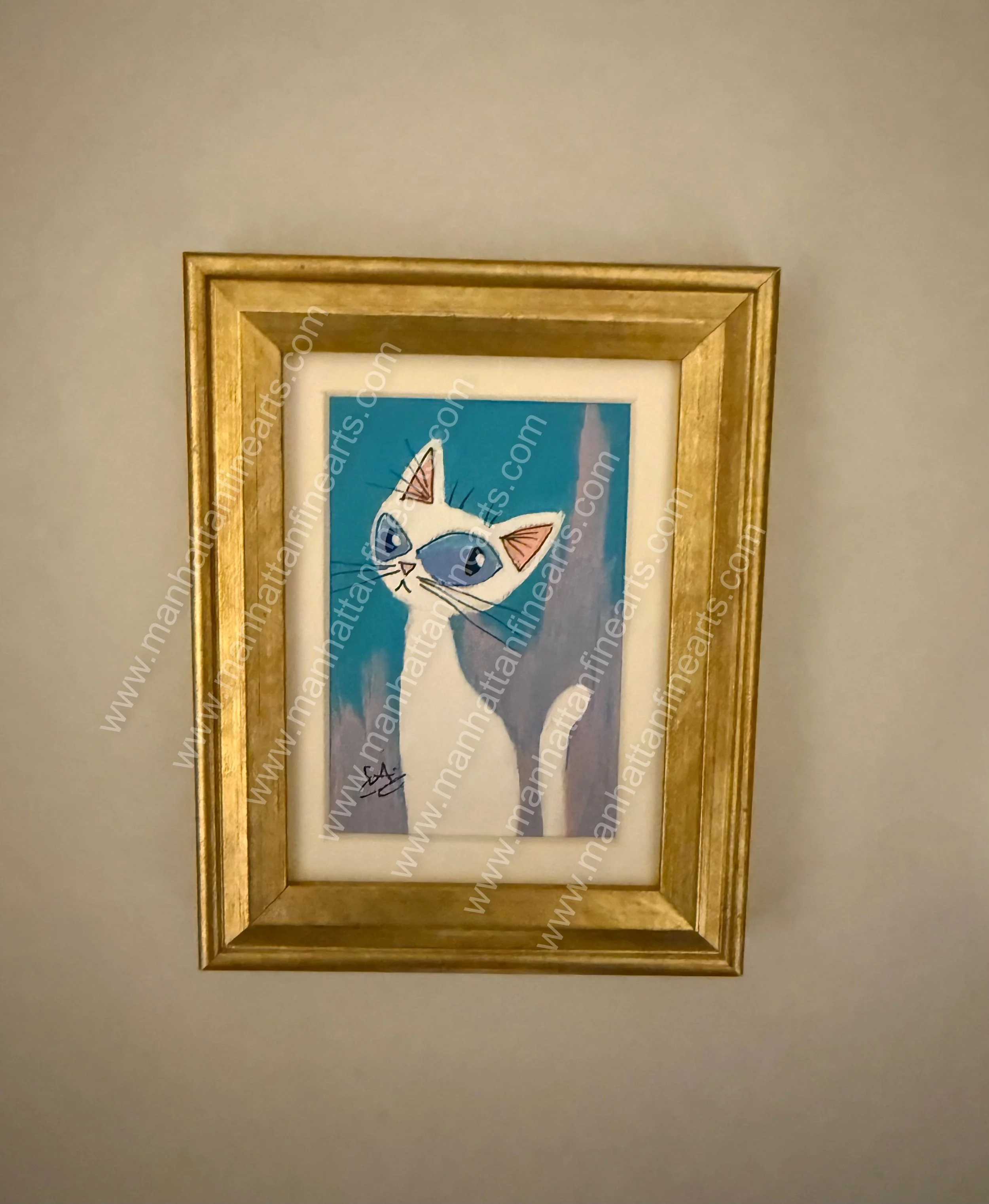 Framed Whimsical Cat Painting