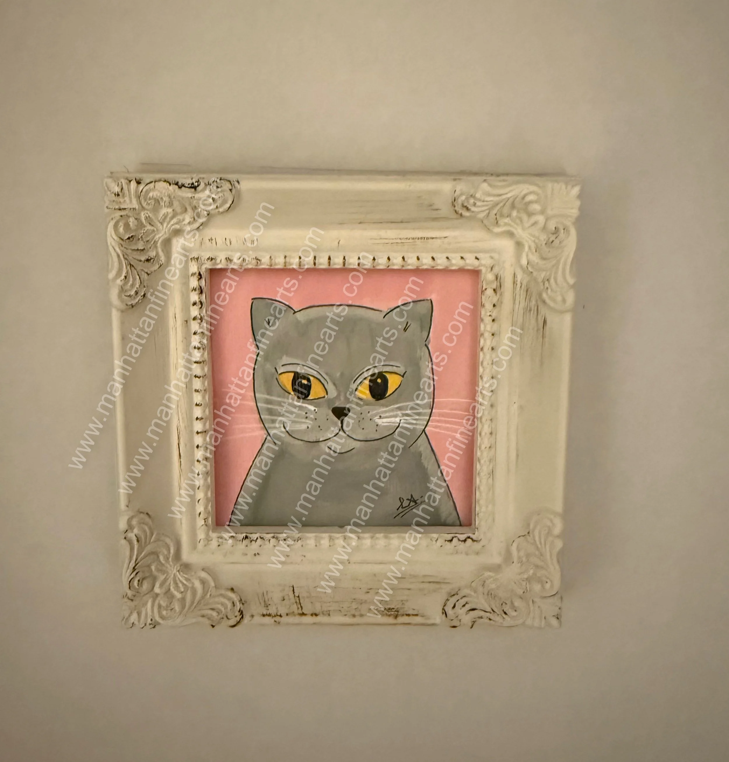 Miniature Gray Cat Art in Ornate Frame