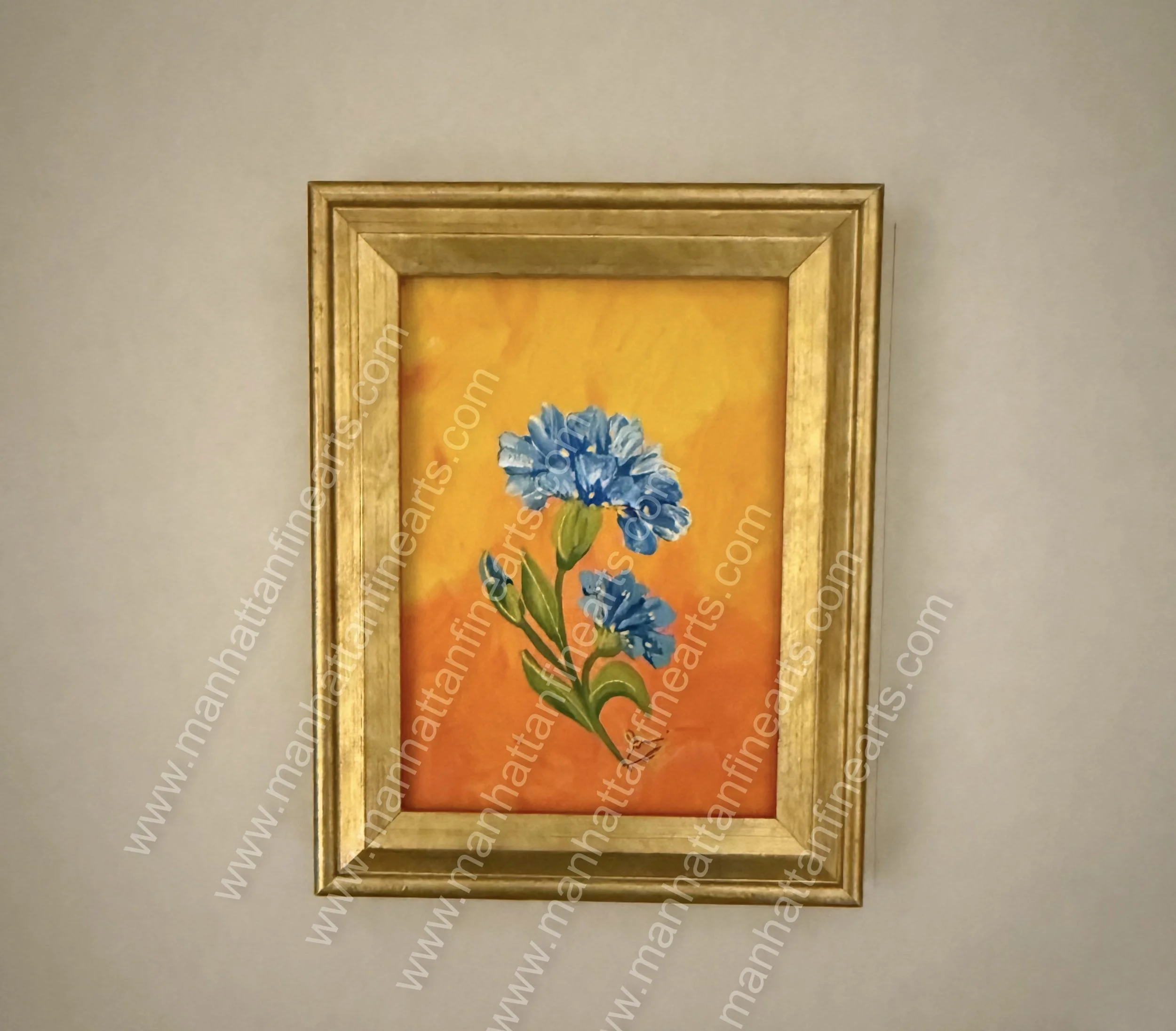 Handcrafted Blue Floral Painting in Gold Frame