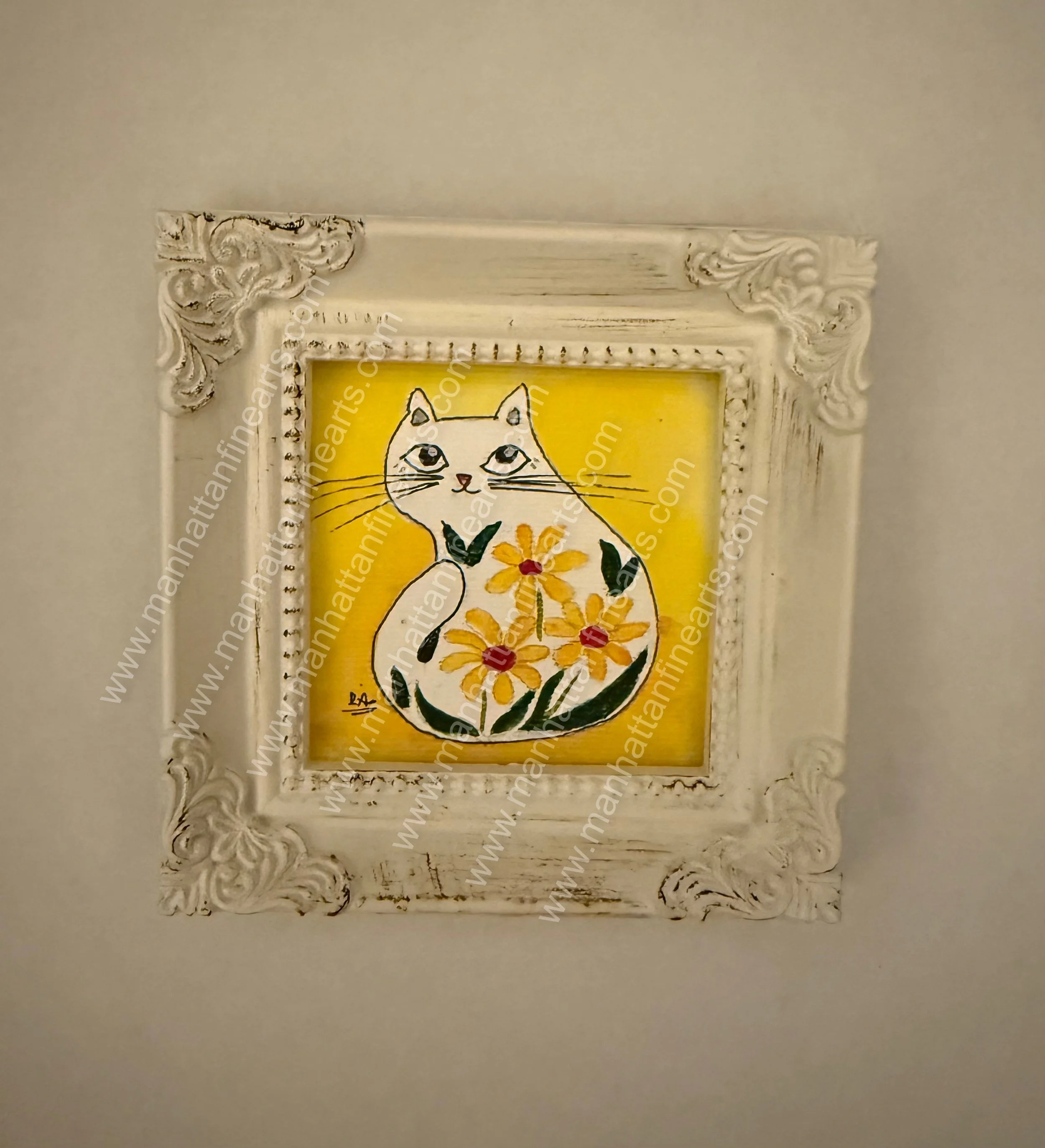 Handcrafted Cat Floral Painting with Ornate Frame