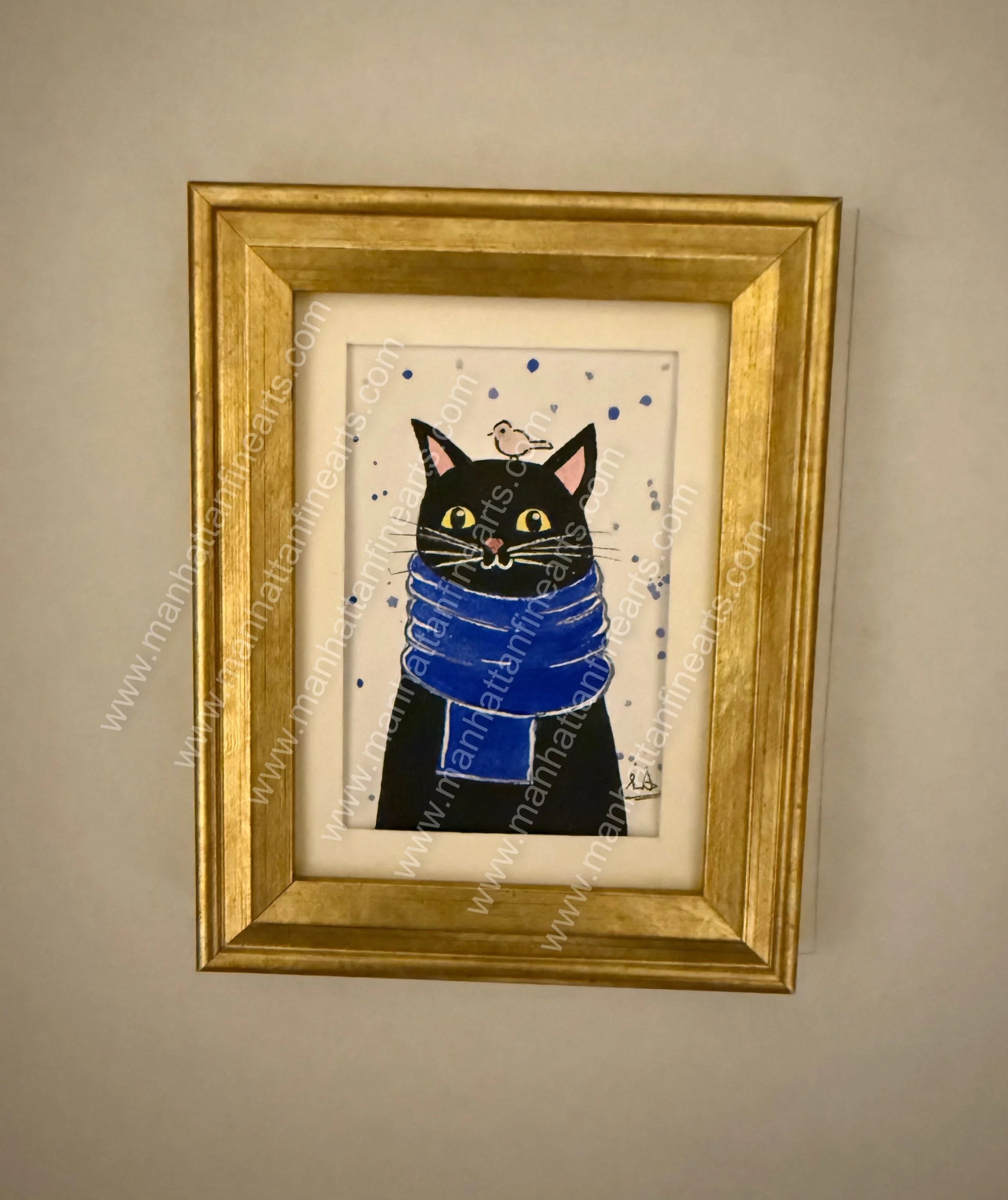 Charming Black Cat in Blue Scarf - Framed Art Painting