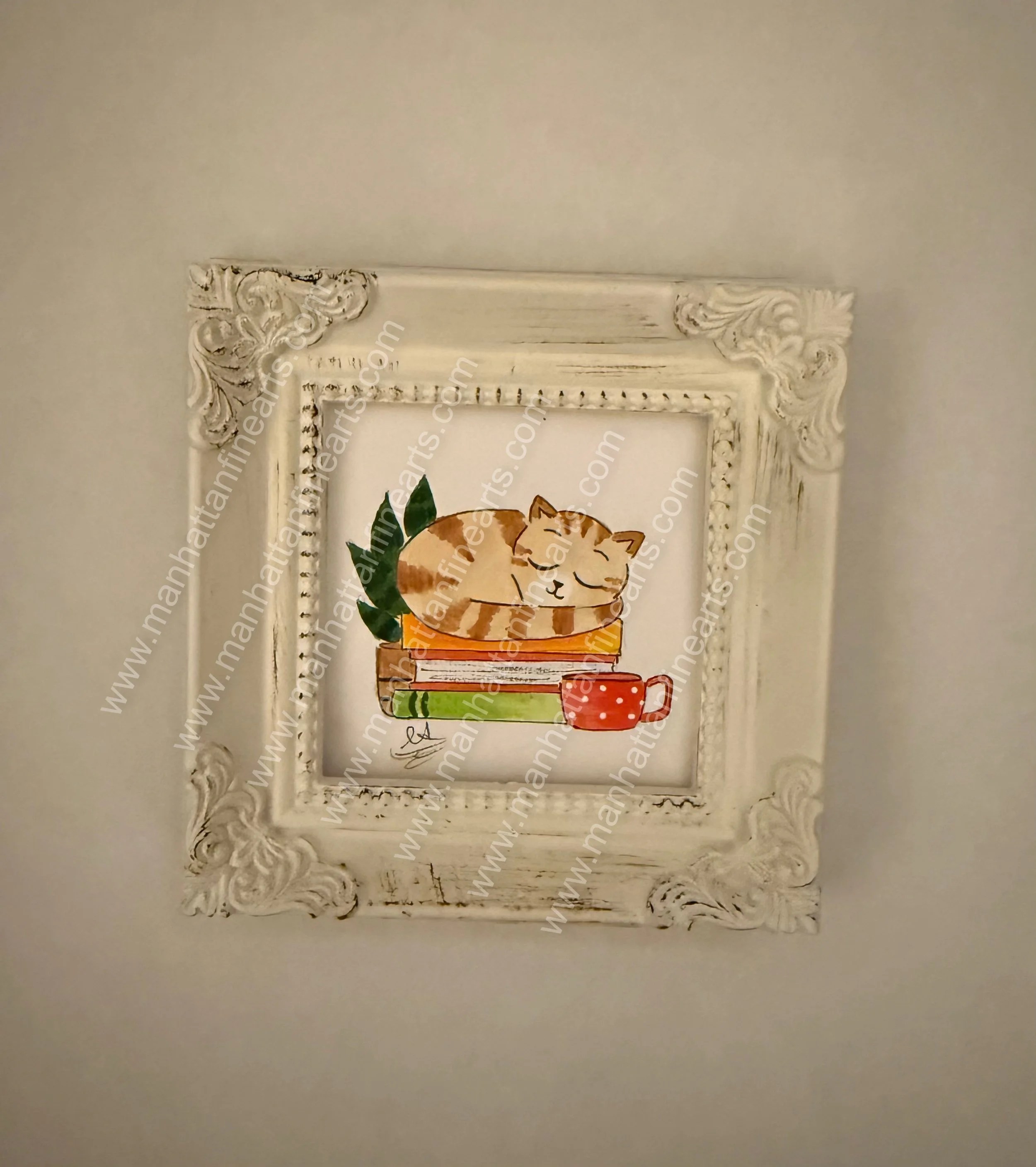 Cozy Cat & Books Watercolor Art in Rustic Frame