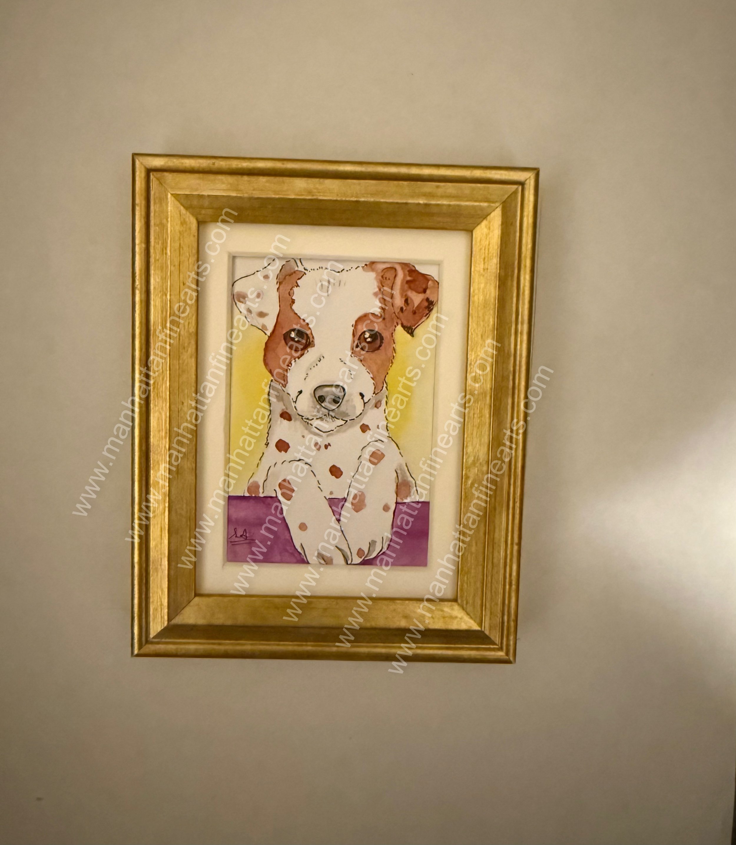 Charming Dog Watercolor Portrait in Golden Frame