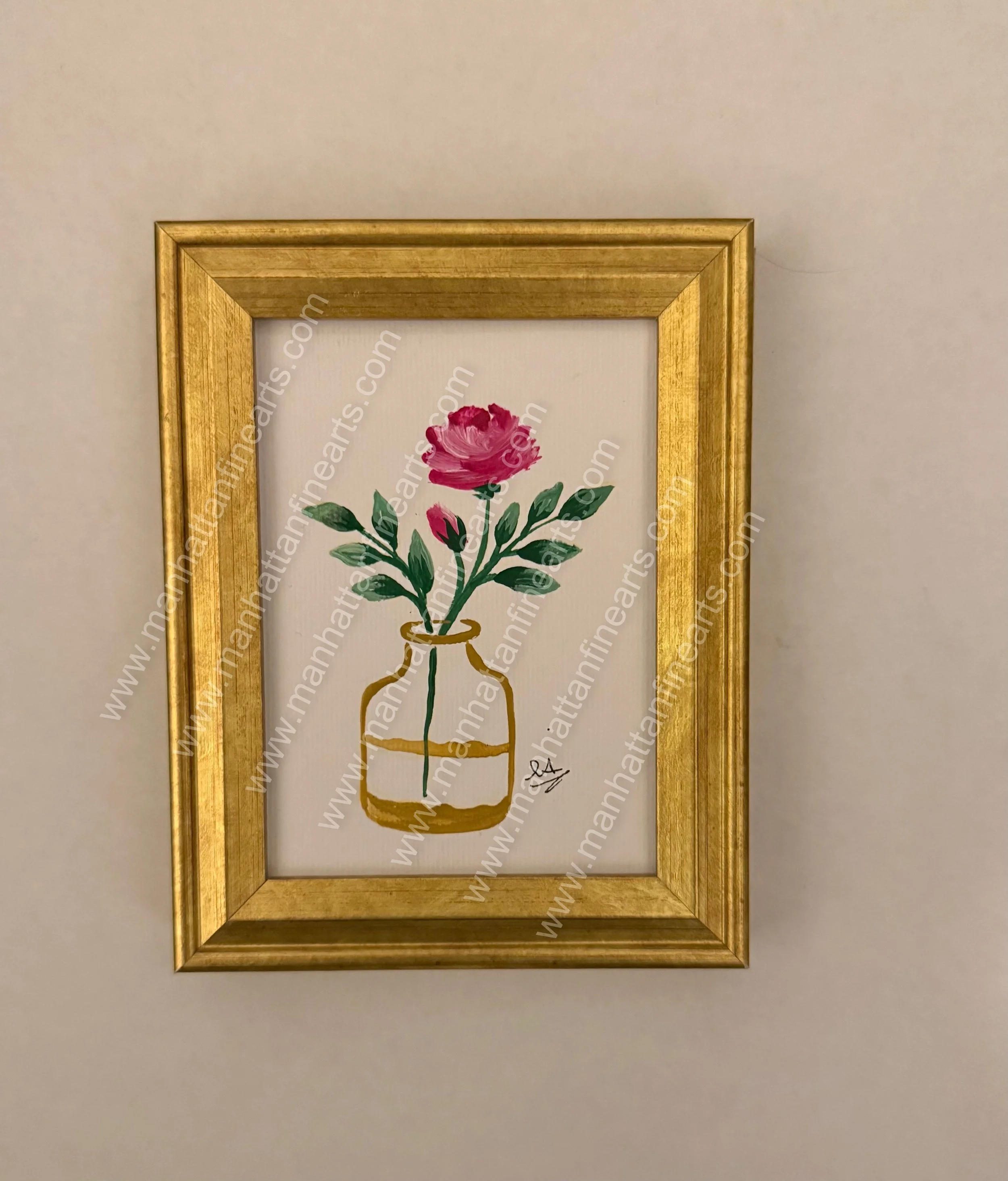 Elegant Pink Rose Painting in Gold Frame