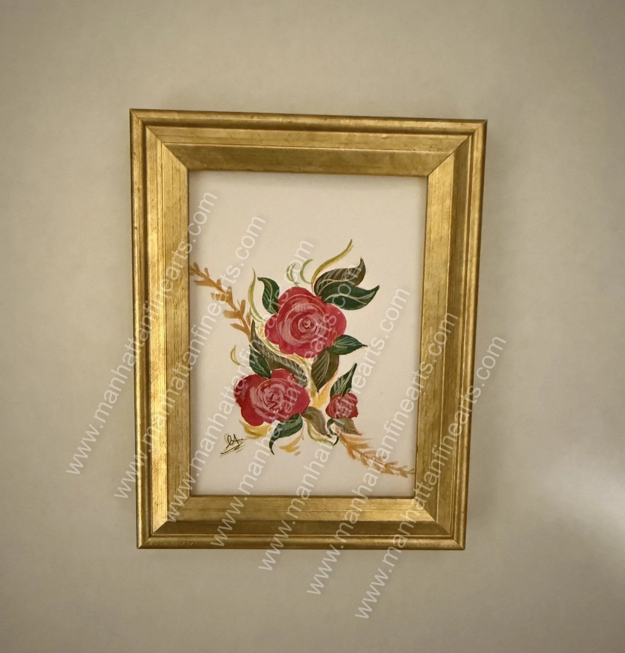 Golden Framed Crimson Rose Painting