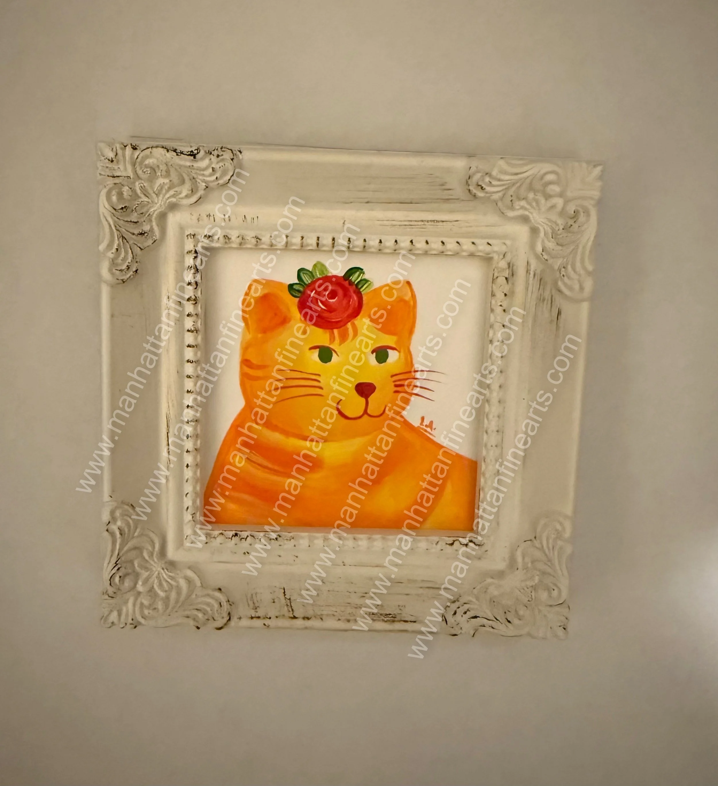 Whimsical Cat Portrait Painting with Vintage Frame