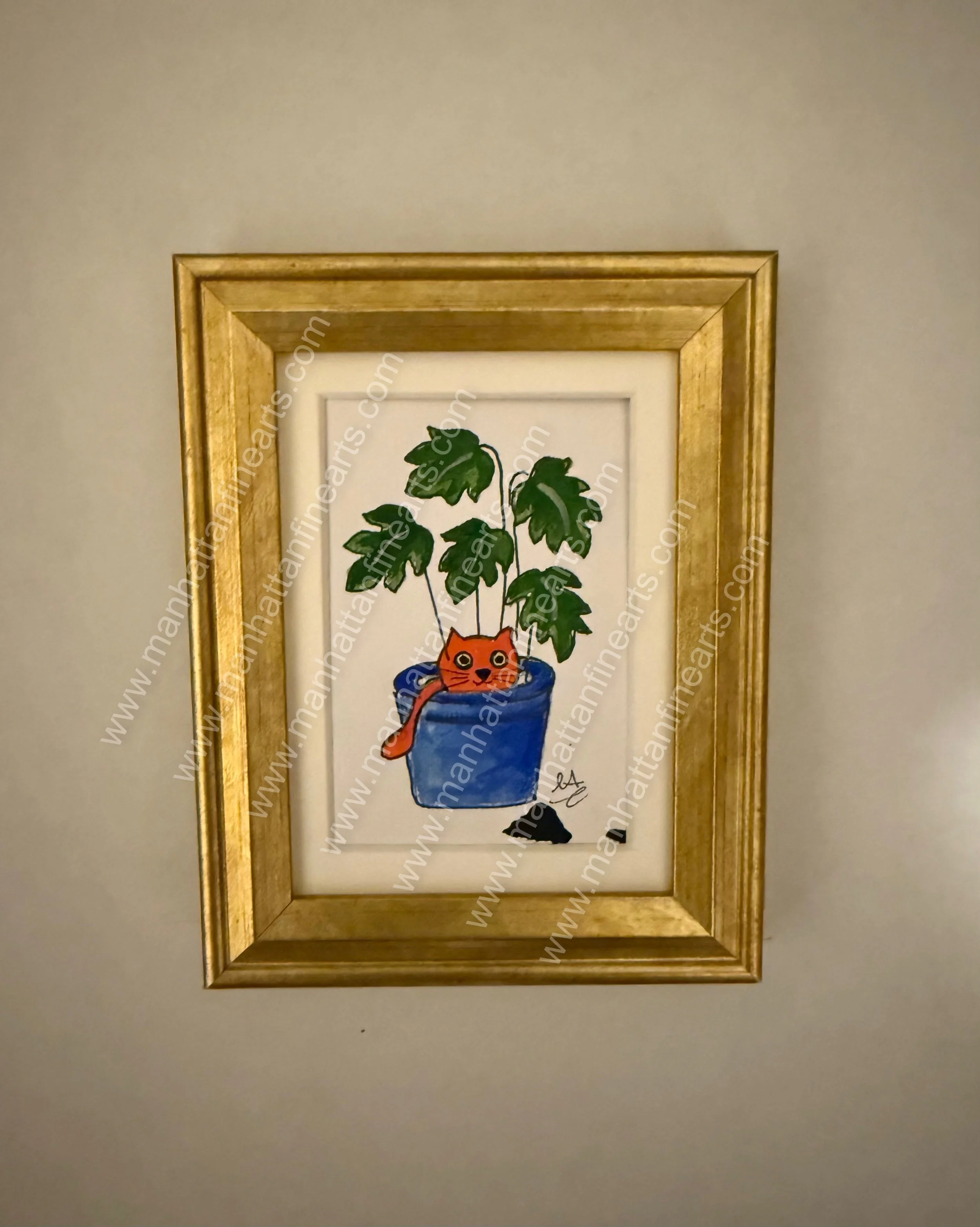 Playful Cat in Potted Plant Miniature Painting
