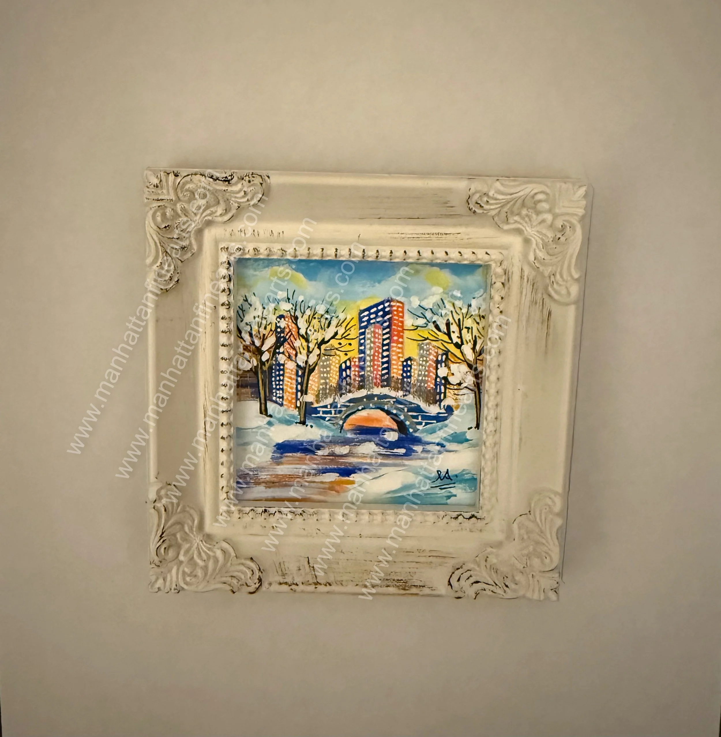 Winter Gapstow Central Park Miniature Painting in Ornate Frame