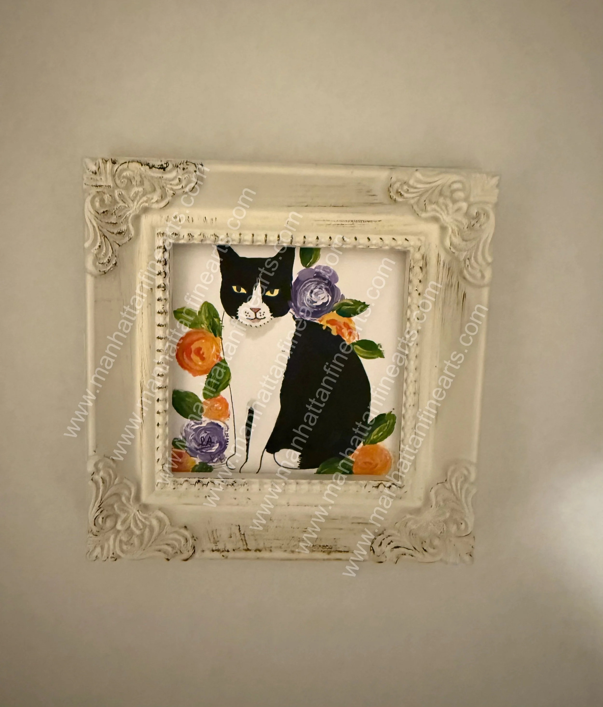 Sophisticated Cat Miniature Painting with Ornate Frame