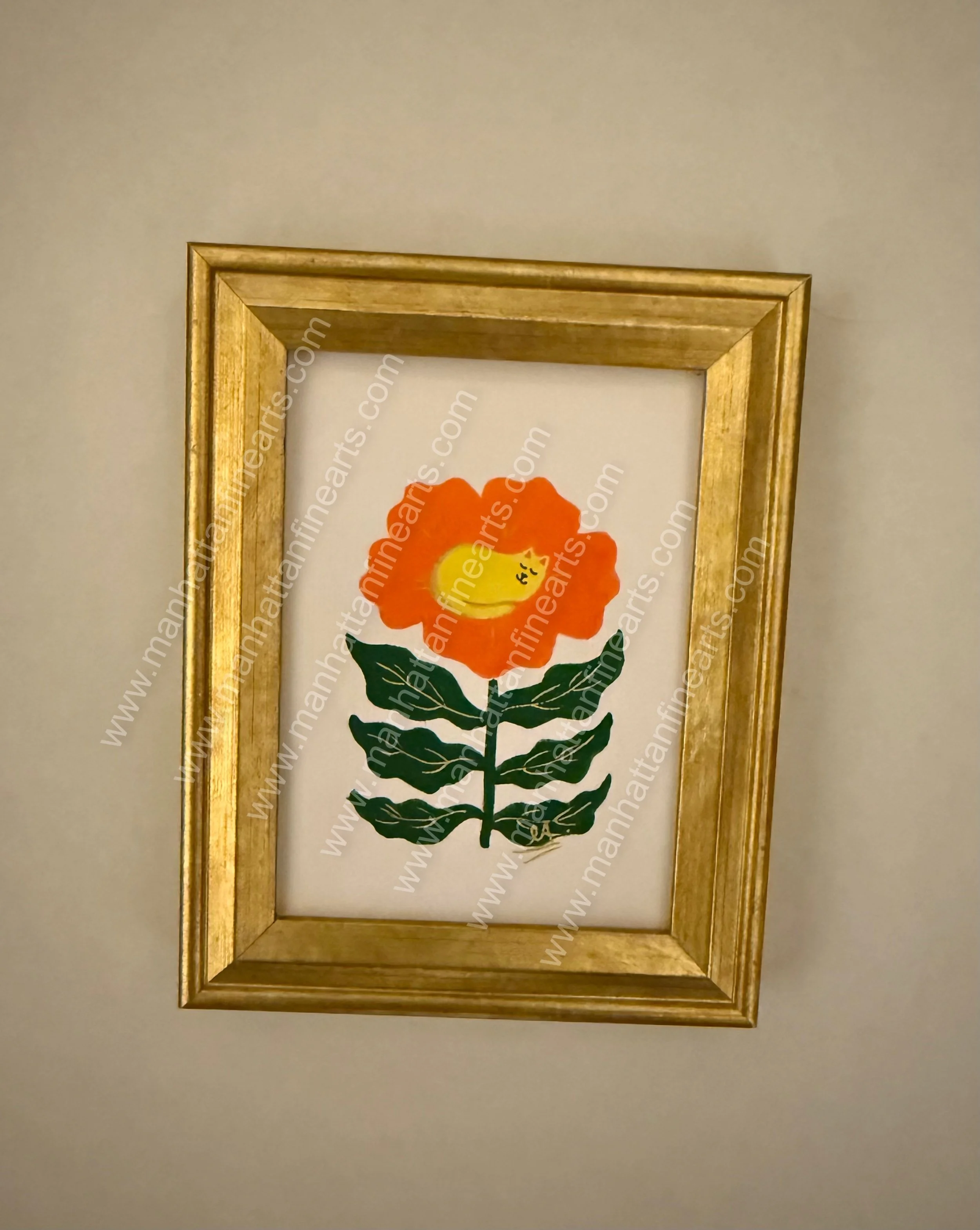 Vibrant Floral with Sleeping Cat Framed Miniature Painting