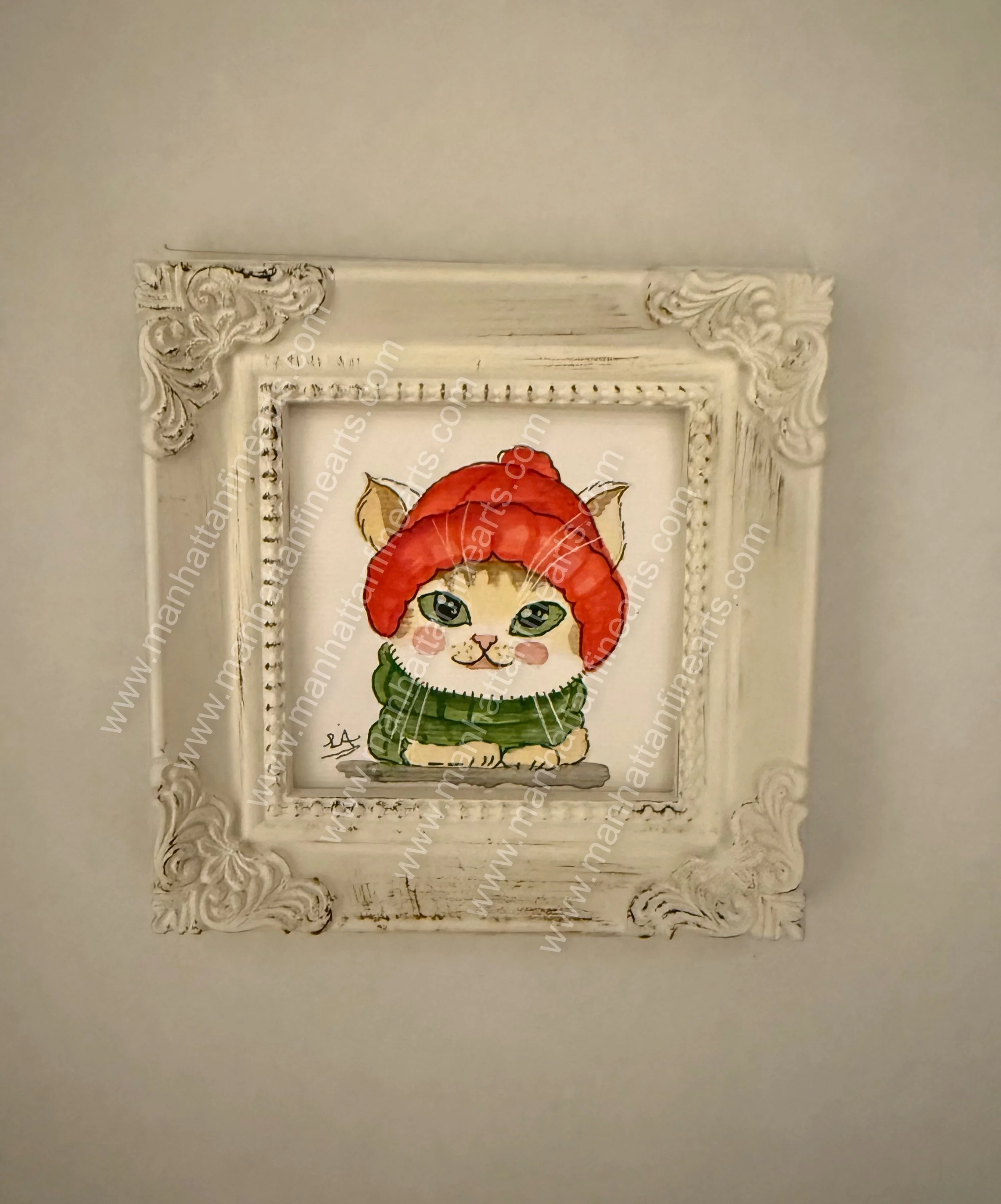Whimsical Cat Portrait in Ornate Frame Painting