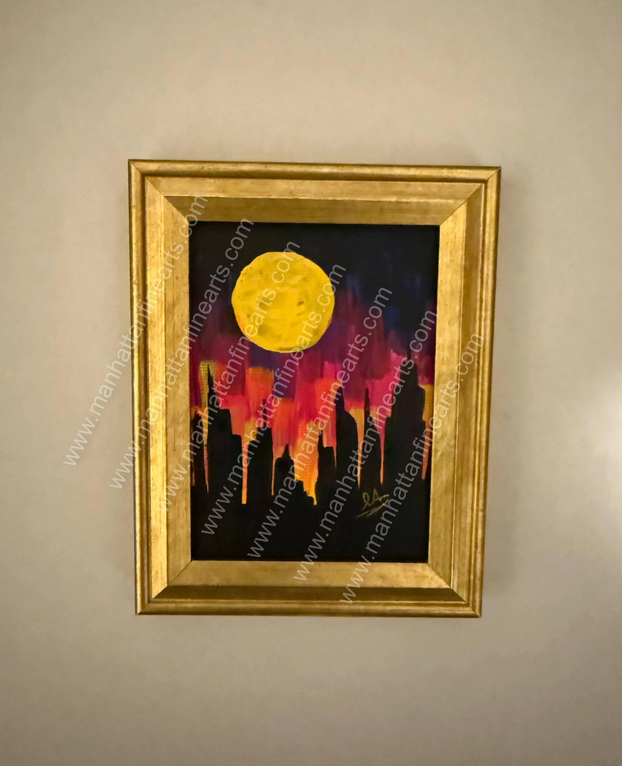 Golden Framed New York City Sunset Painting