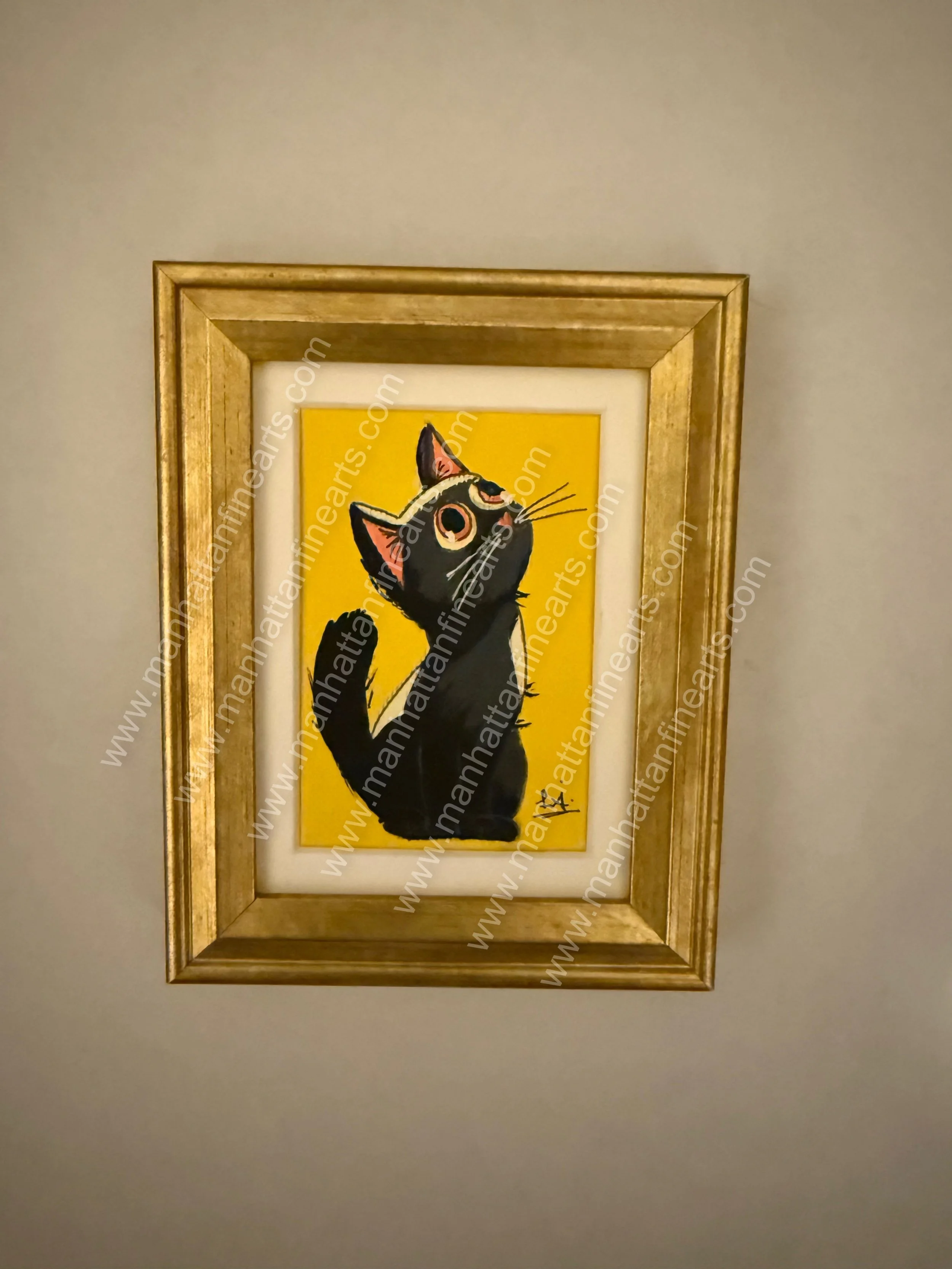 Whimsical Black Cat Painting in Gold Frame