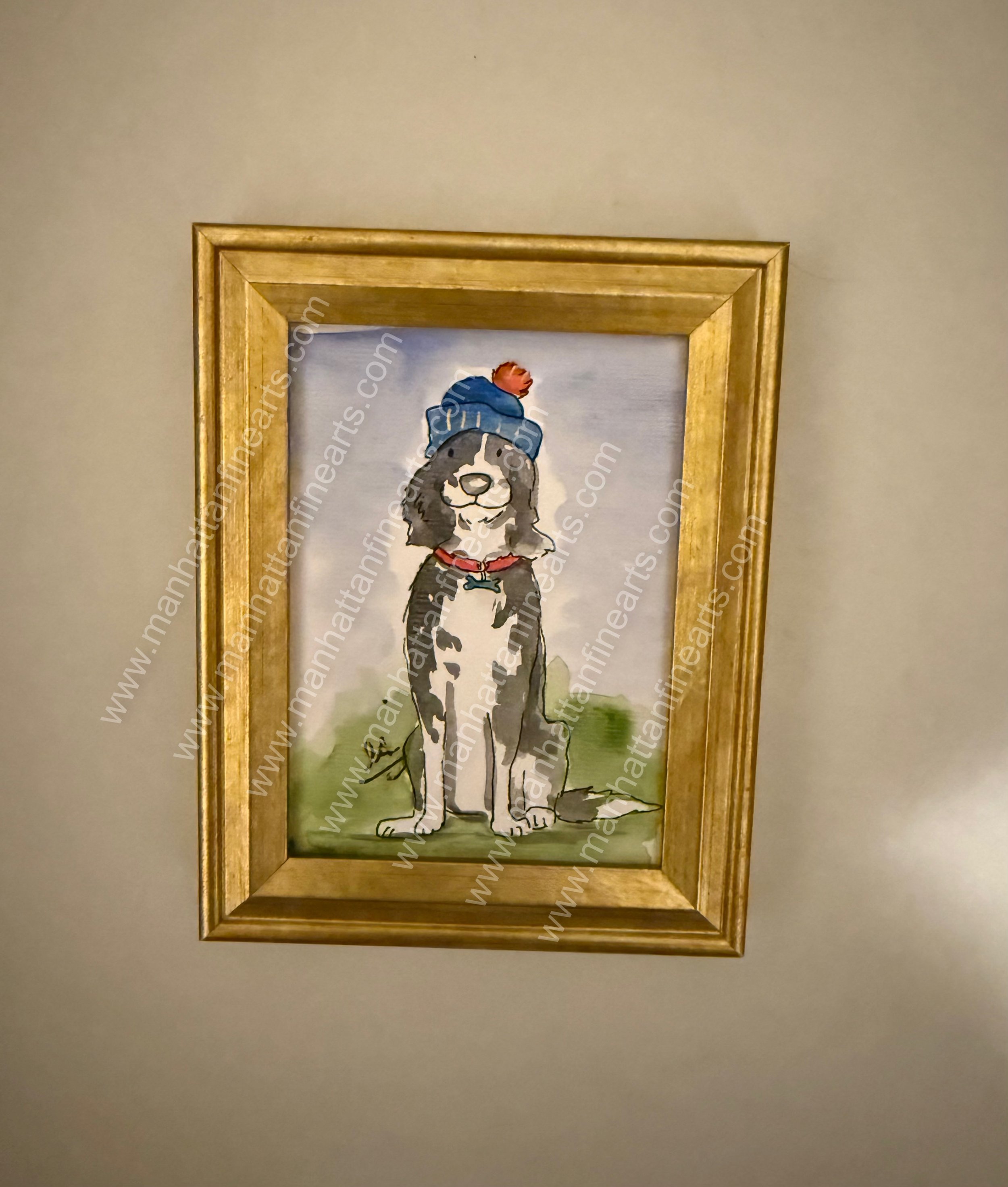 Whimsical Dog Portrait with Gold Frame
