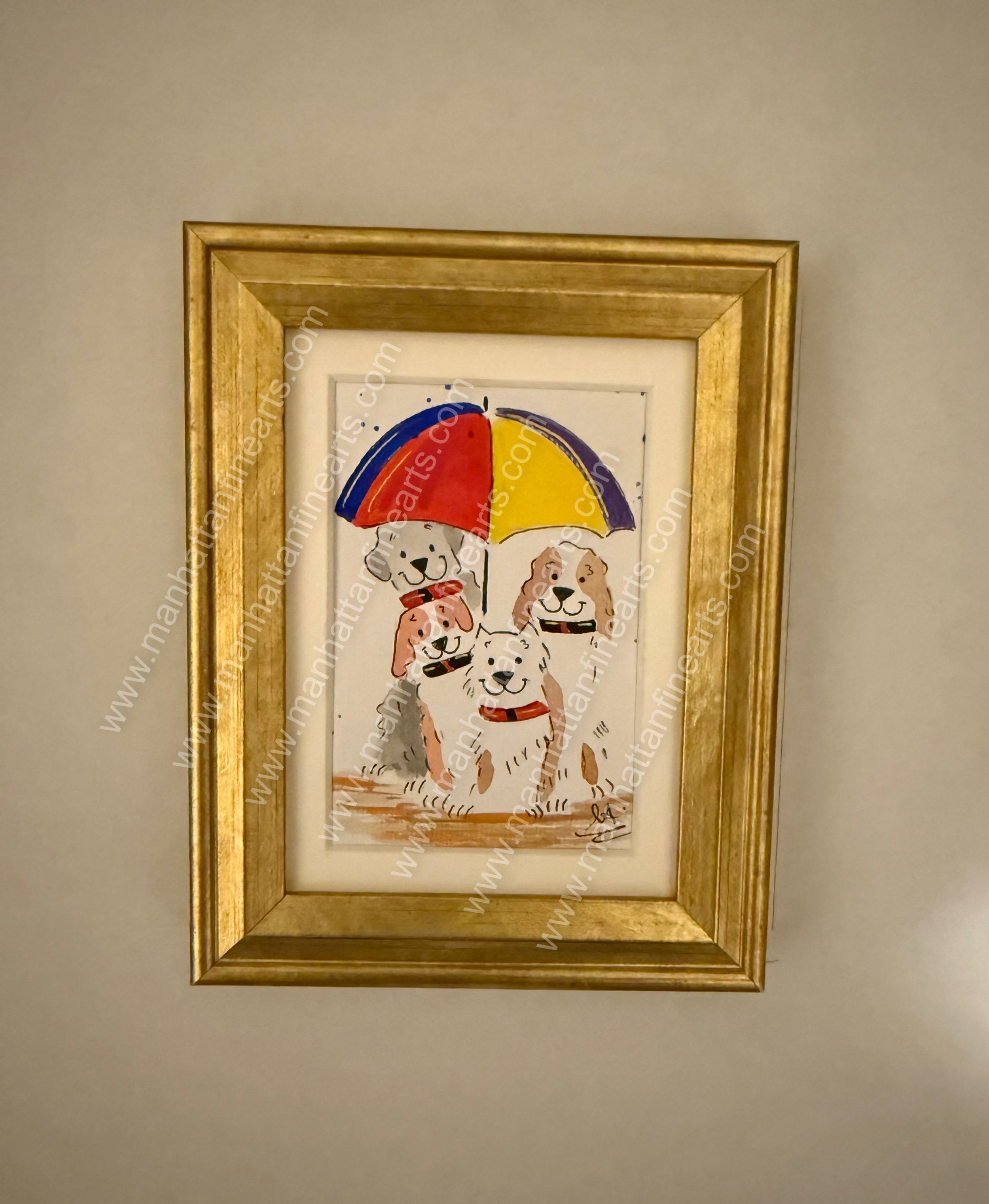 Charming Dogs Under the Umbrella Watercolor Painting