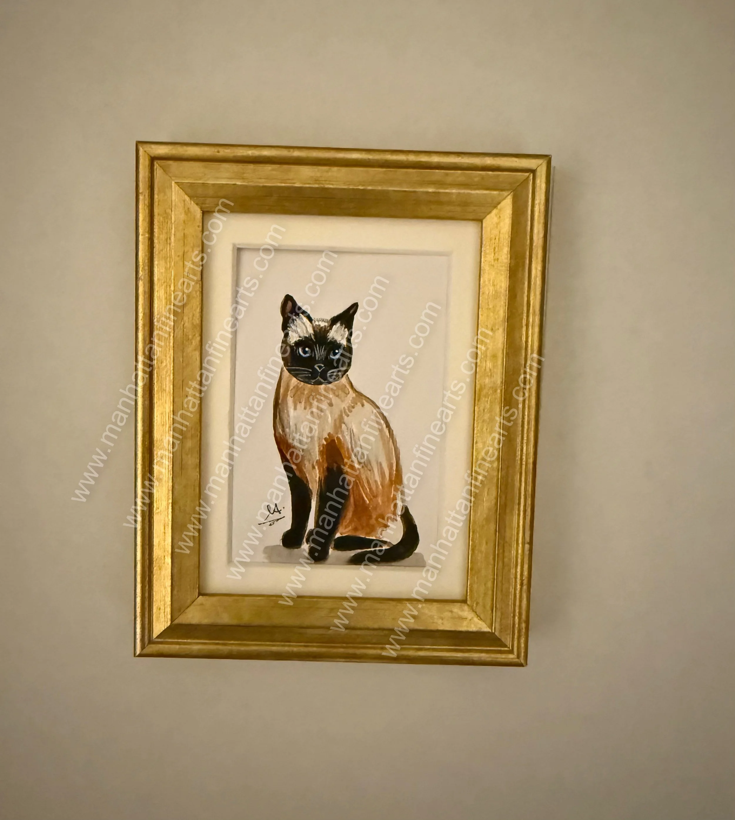 Siamese Cat Hand-Painted Artwork in Gold Frame