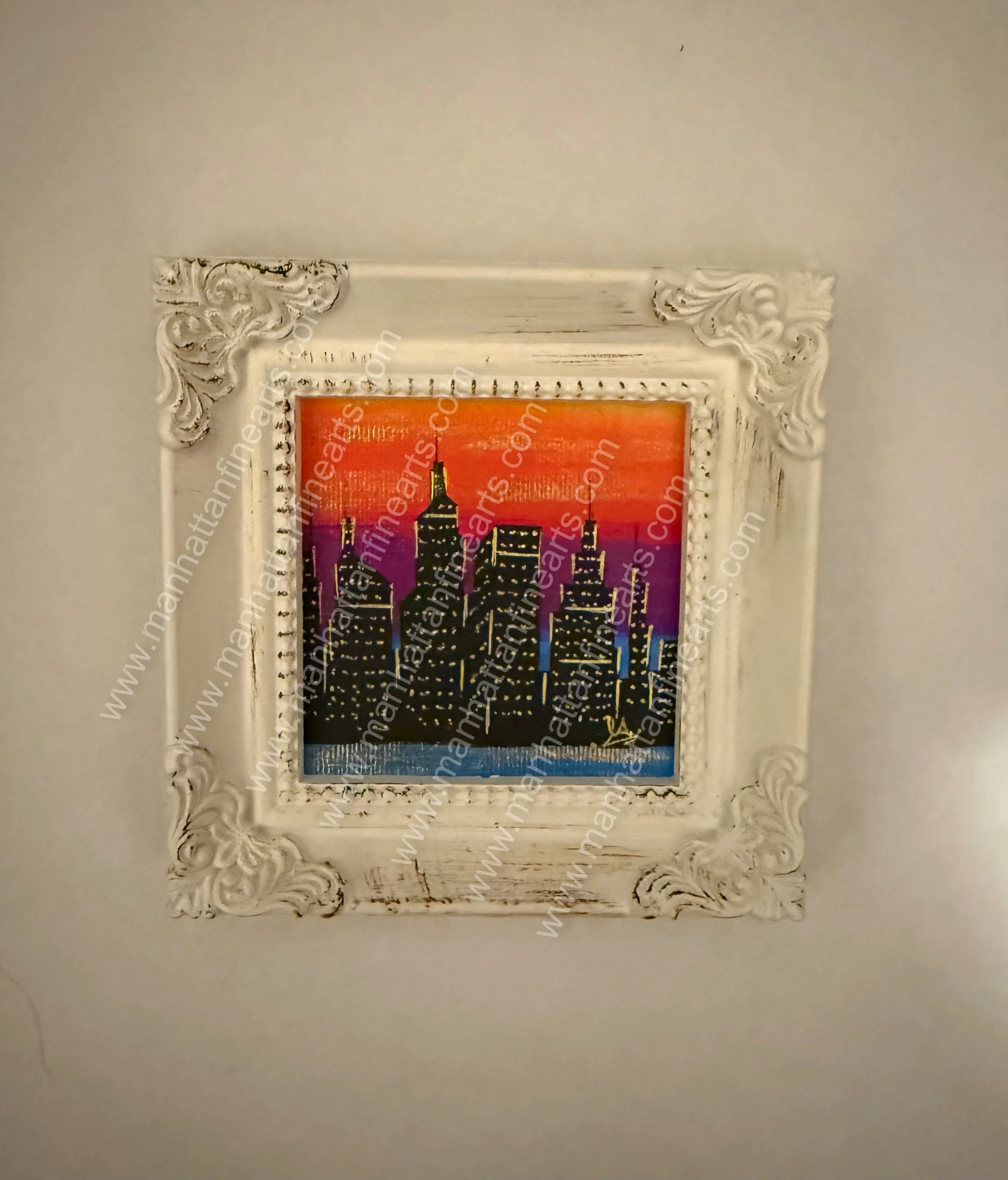 Vibrant New York City Miniature Painting in Ornate Frame
