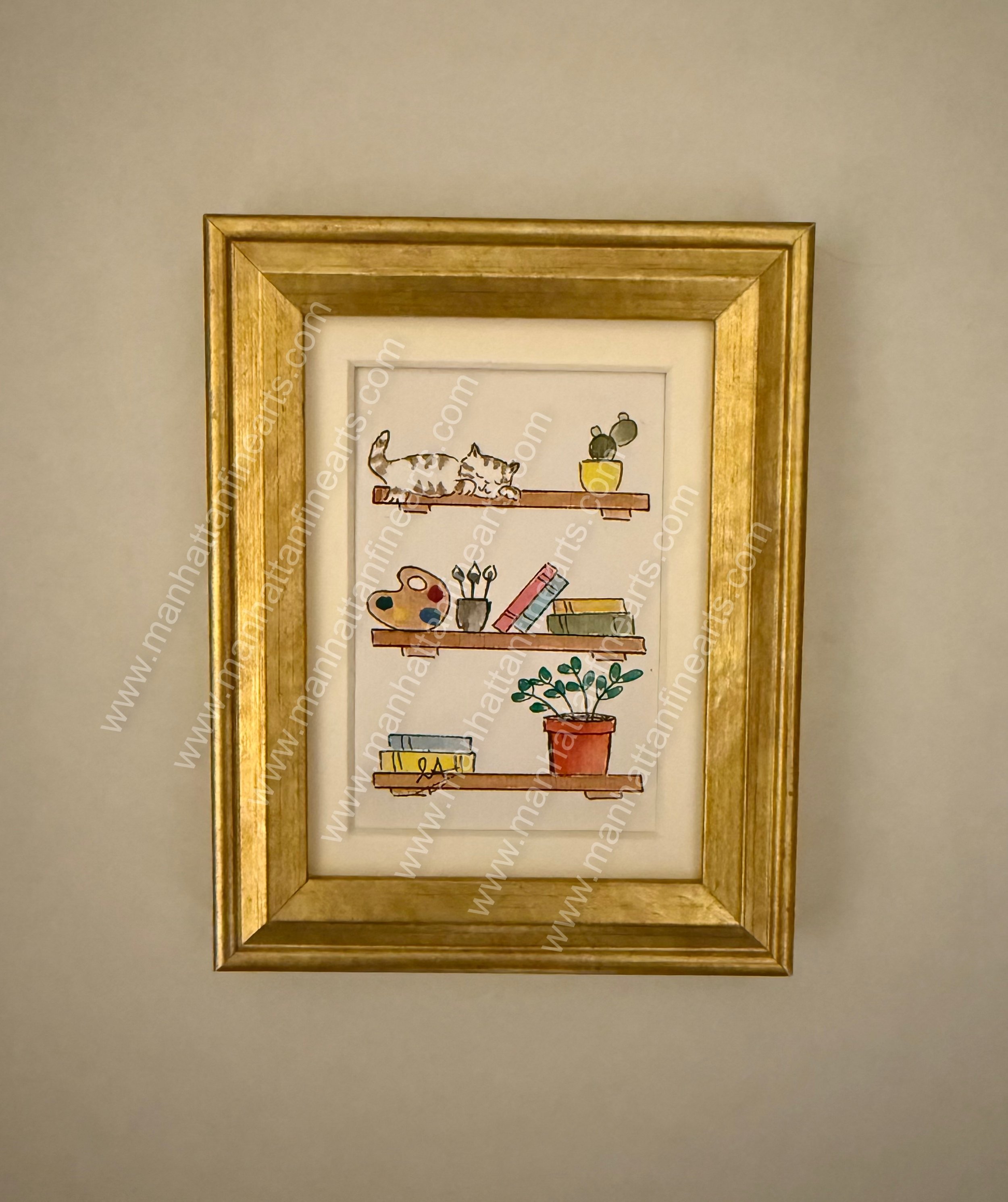 Whimsical Cat & Bookshelf Watercolor Painting