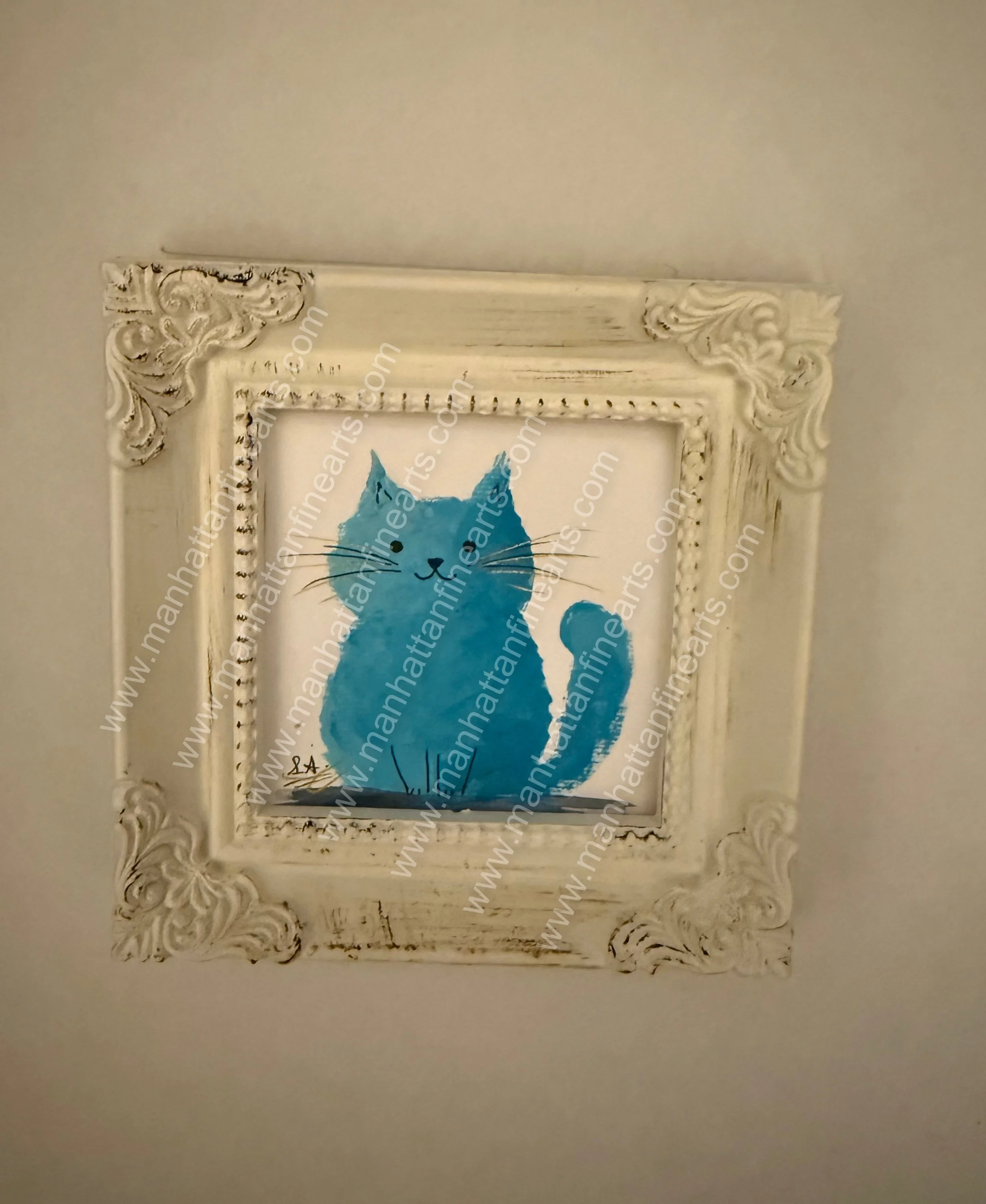 Whimsical Blue Cat Miniature Painting