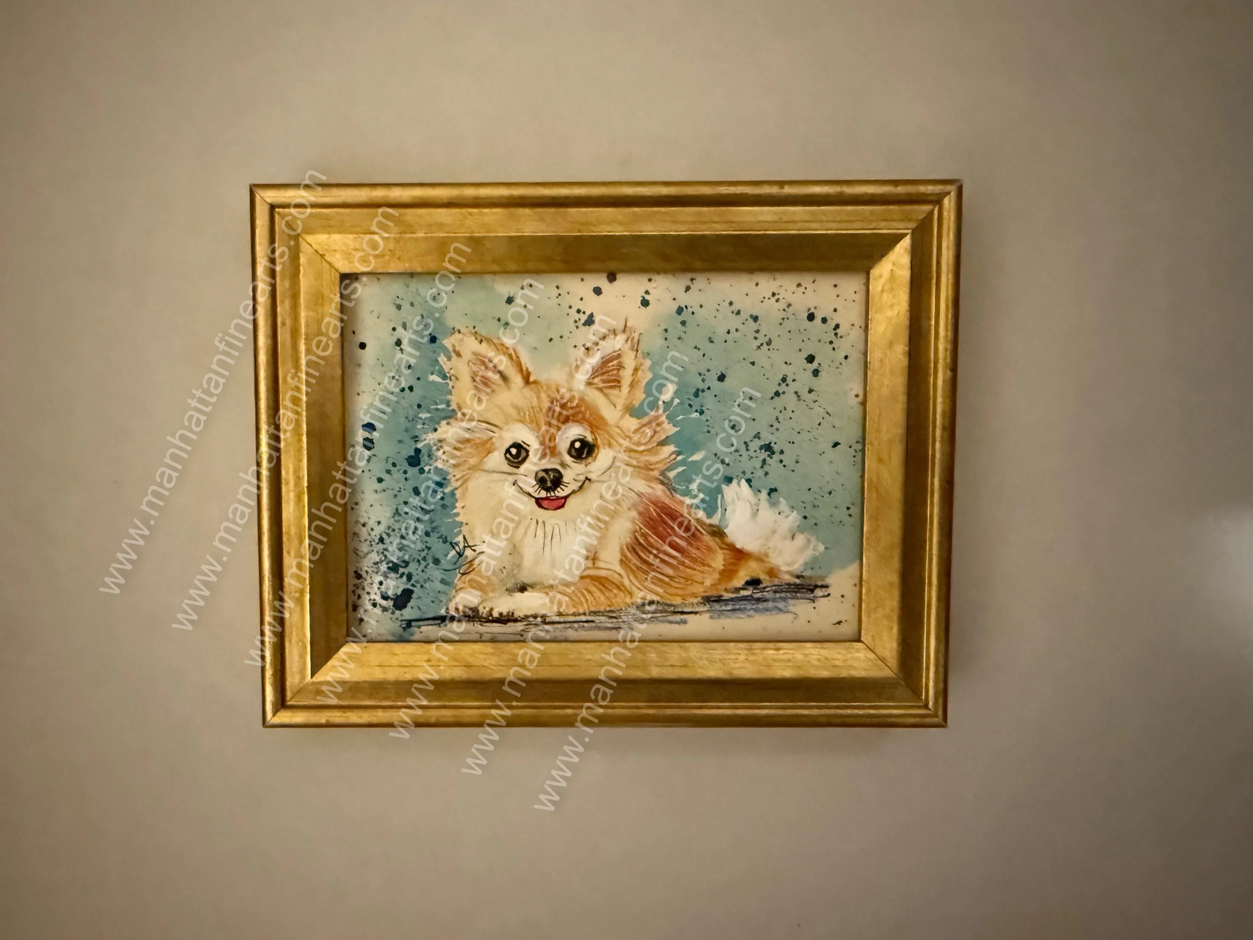 Playful Canine Art - Handcrafted Painting with Gold-Toned Frame