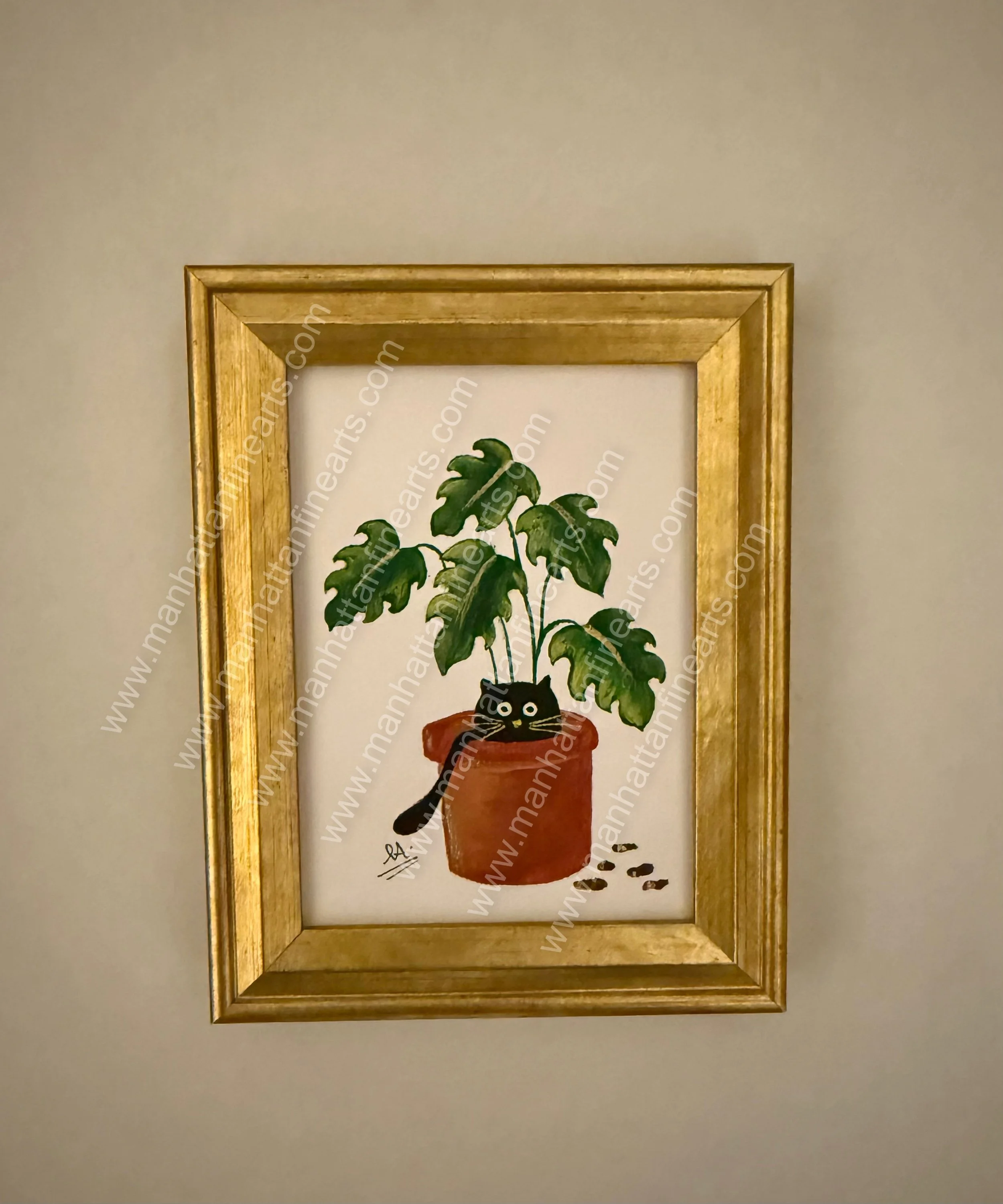 Charming Whimsical Cat in Plant Watercolor Painting