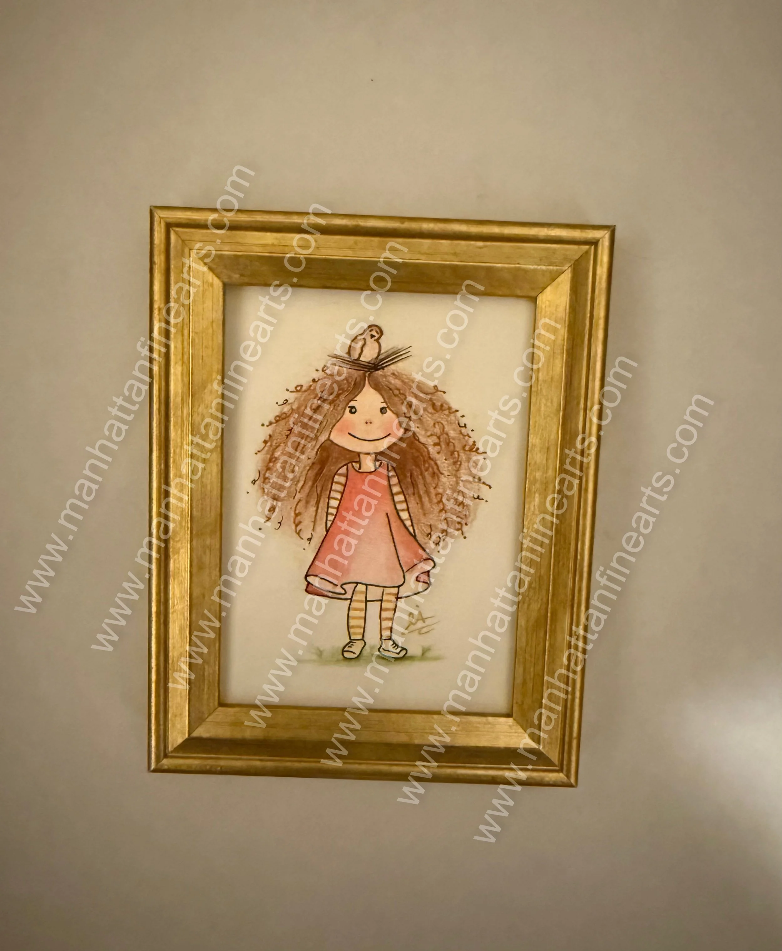 Whimsical Girl Miniature Painting with Gold Frame
