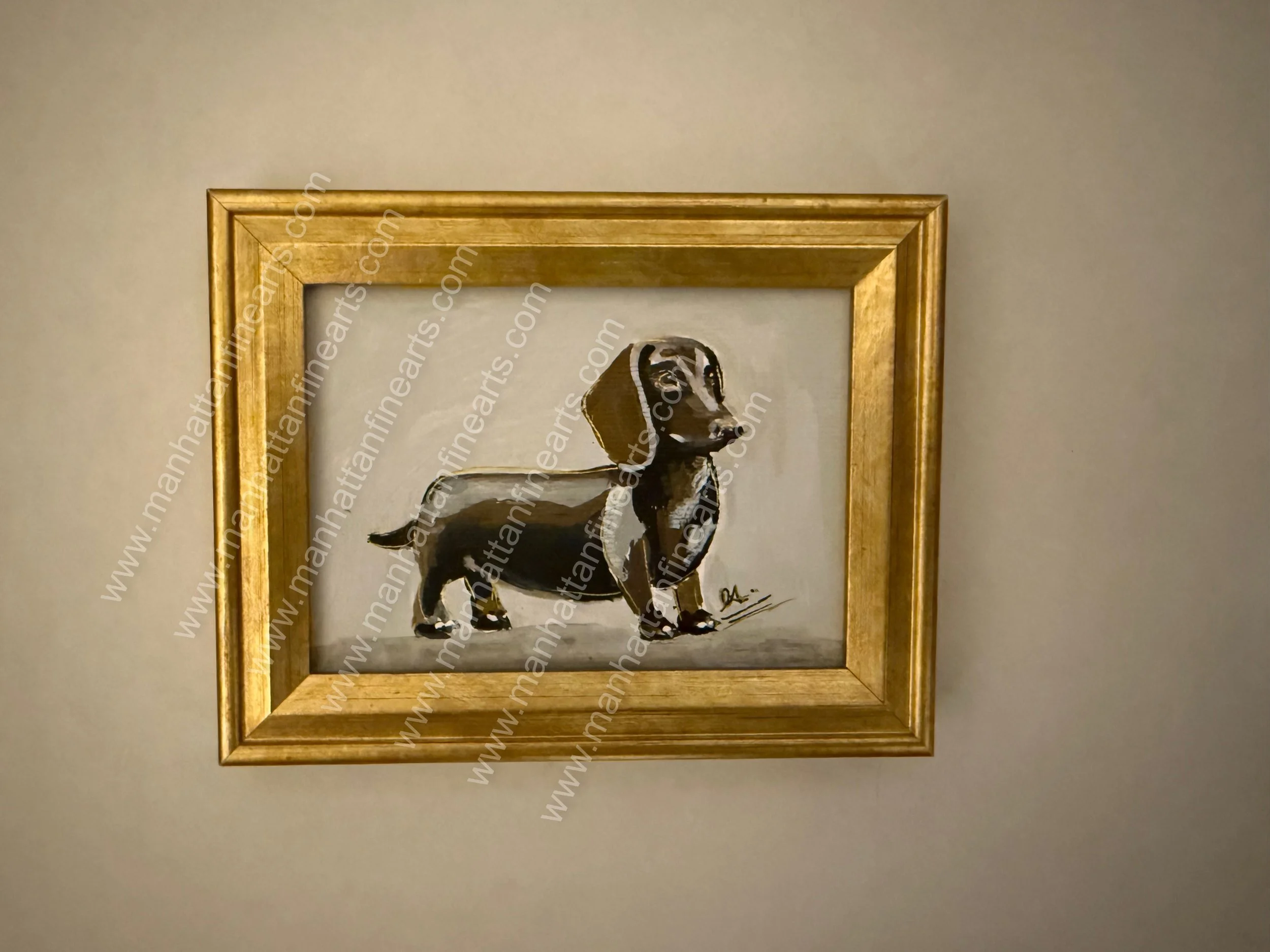 Gold-Framed Dachshund Miniature Painting