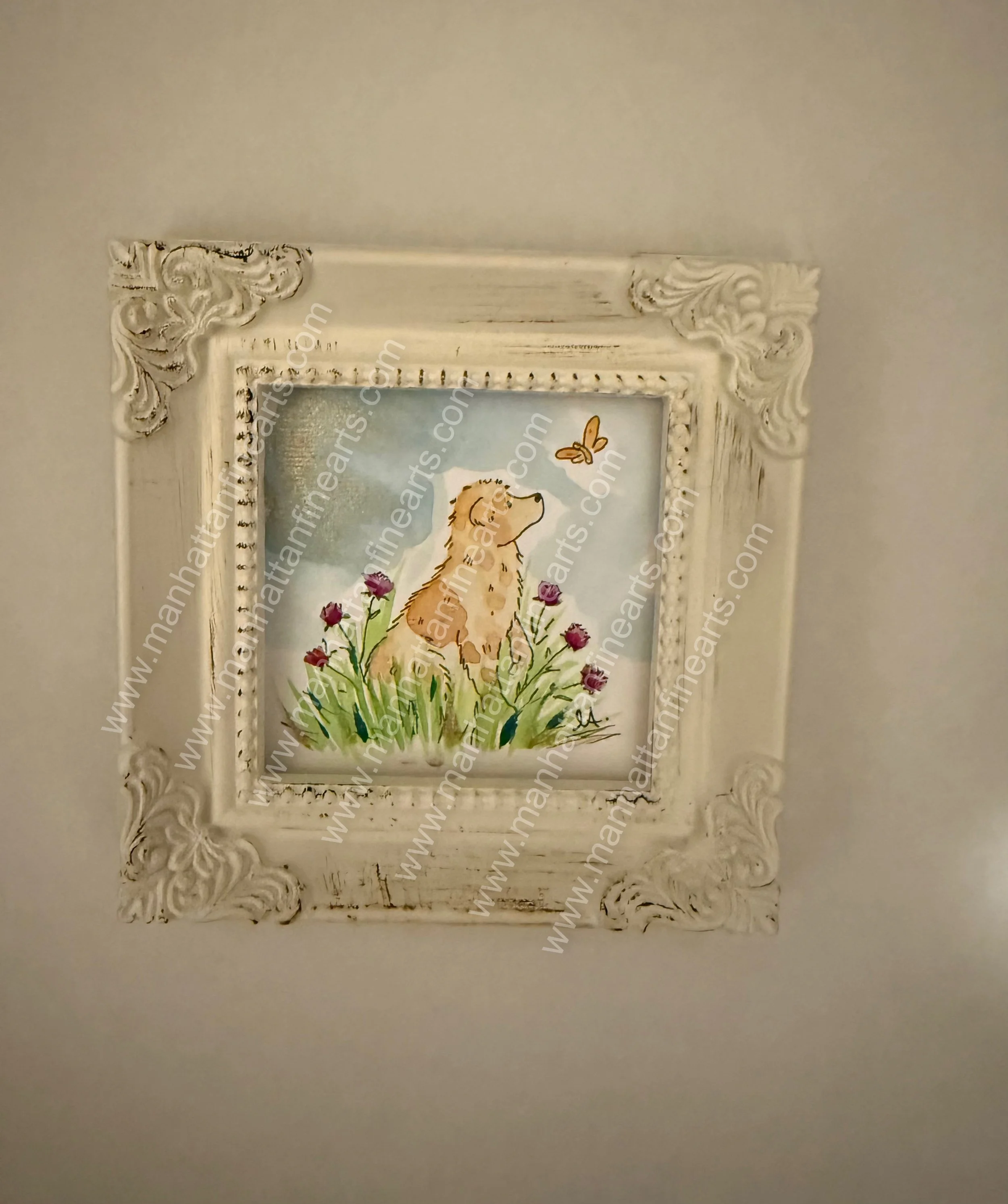 Dog & Butterfly Whimsical Miniature Painting