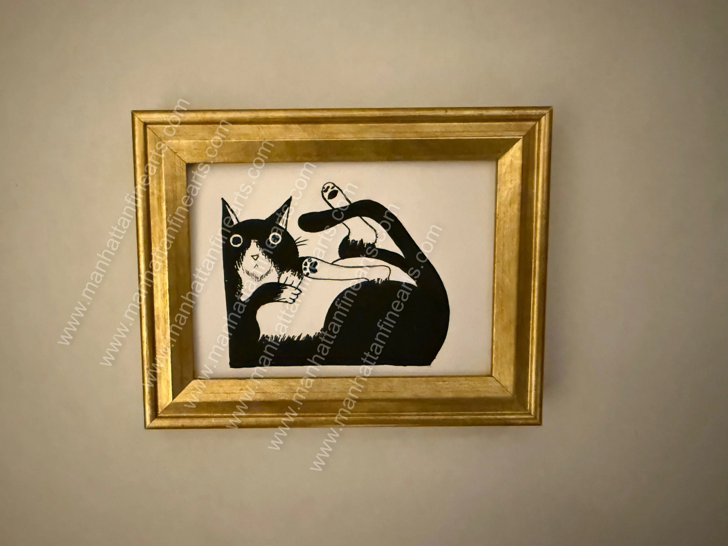 Whimsical Cat Painting in Gold Frame