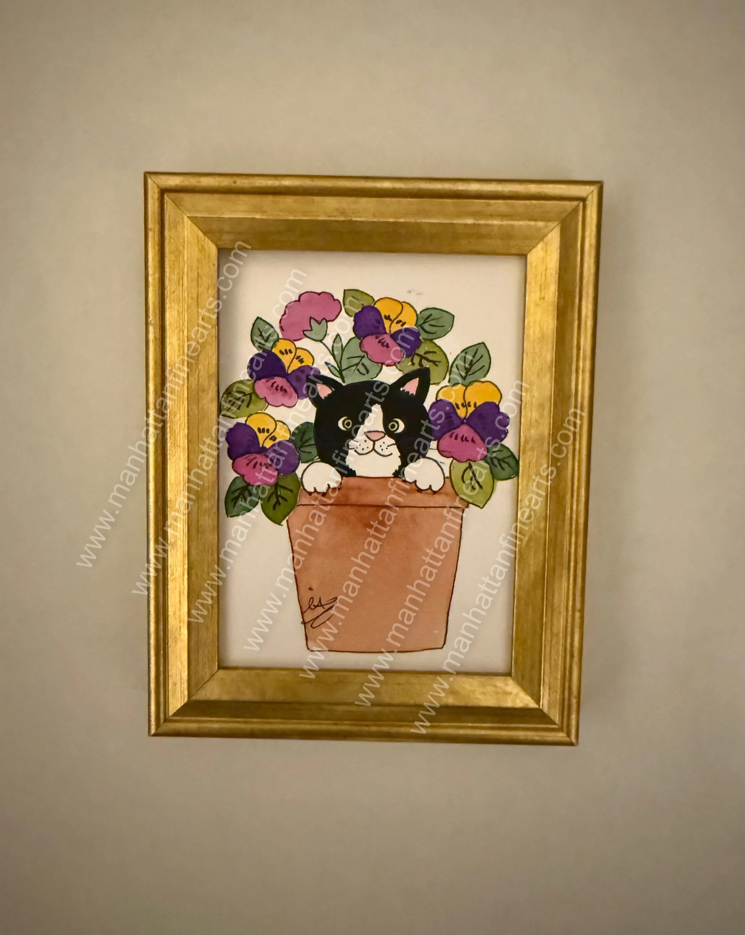 Whimsical Cat in Bloom Framed Painting