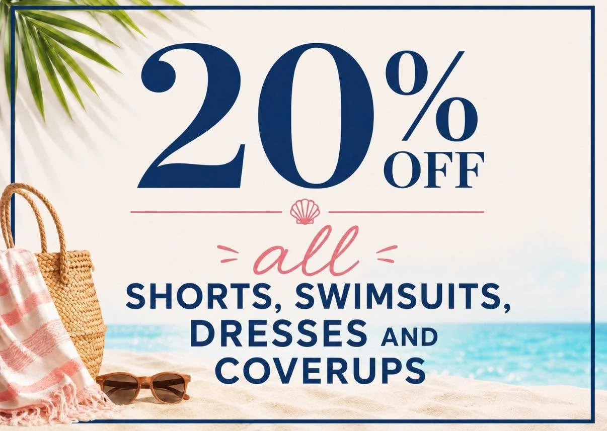 Shop today 8/18, End of Summer Sale!

20% OFF Dresses, Shorts, Swimsuits &amp; Cover-Ups!

Summer isn&rsquo;t over yet&mdash;and neither is the shopping! ☀️👗

Swing by The Blue Heron Boutique and grab your summer favorites before they&rsquo;re gone.