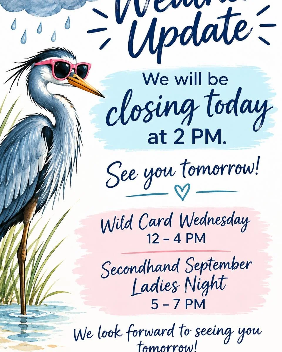 Due to the weather interfering with our WiFi, we will not be accepting any more consignor drops today and will be closing at 2 PM.

We&rsquo;ll be back tomorrow and ready for a full day of fun! 💙

✨ Wild Card Wednesday | 12&ndash;4 PM
🥂 Secondhand 