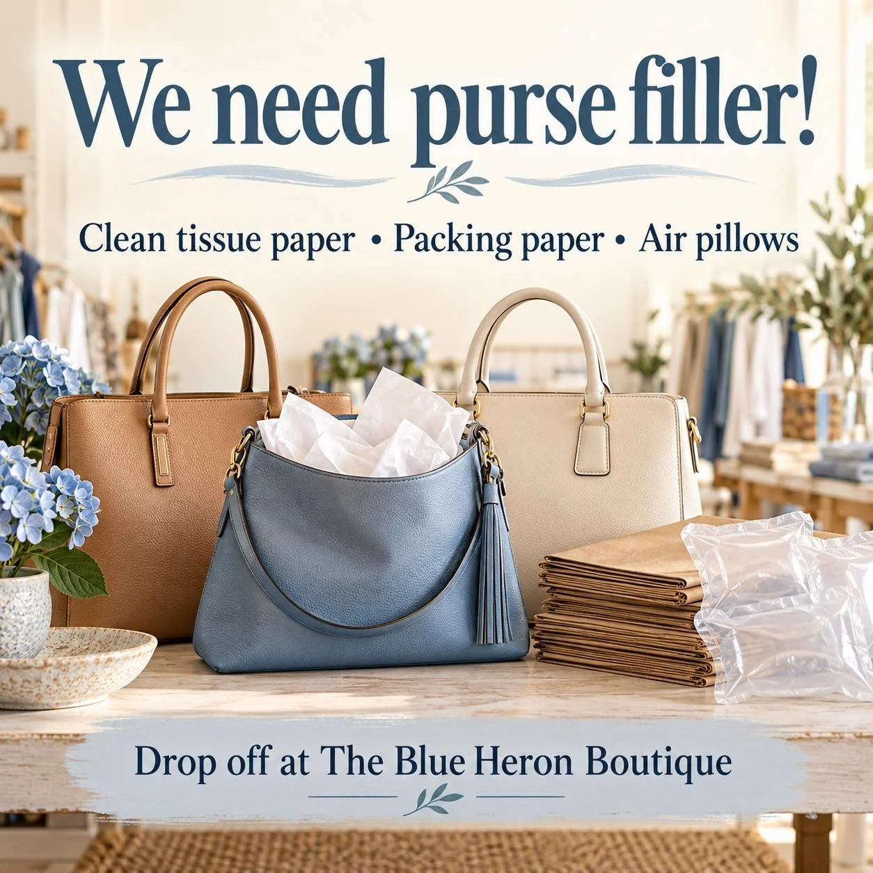 👜 We need purse filler!

Have extra clean tissue paper, packing paper, or air pillows? We&rsquo;d love to put them to use keeping our handbags looking their best!

Drop them off at The Blue Heron Boutique next time you stop in. Thanks for helping us