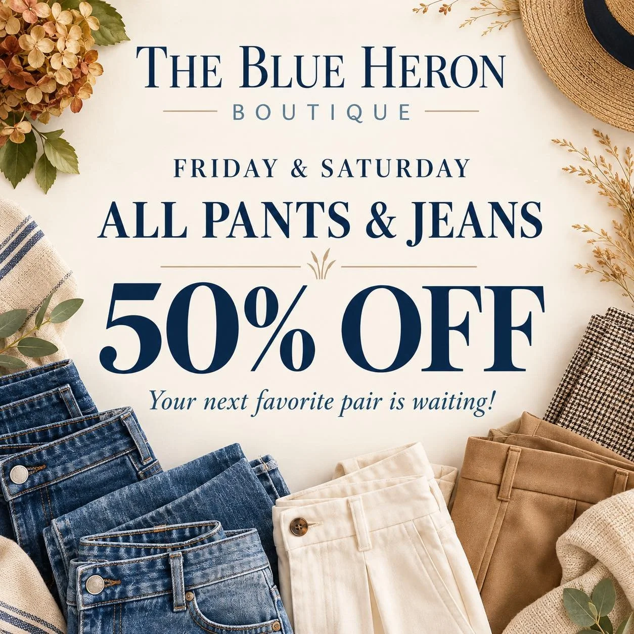 We have SO many pants and jeans! 👖🍂 Help us make some room while you refresh your fall wardrobe with 50% OFF all pants and jeans!

Find your new favorite pair&mdash;or grab a few! 😉 Come shop with us at The Blue Heron Boutique! 💙

#fallfashion #f