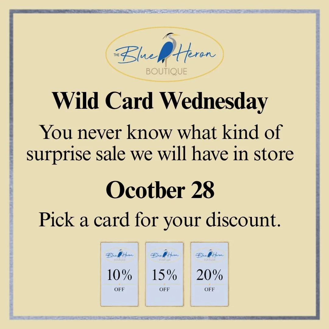 🎉 New week, new racks, and a whole lot of reasons to shop! It&rsquo;s Wild Card Wednesday at Blue Heron Boutique, and YOU choose your discount!

What are you hoping to find on the racks this week? Tell us in the comments, then stop by and see what c