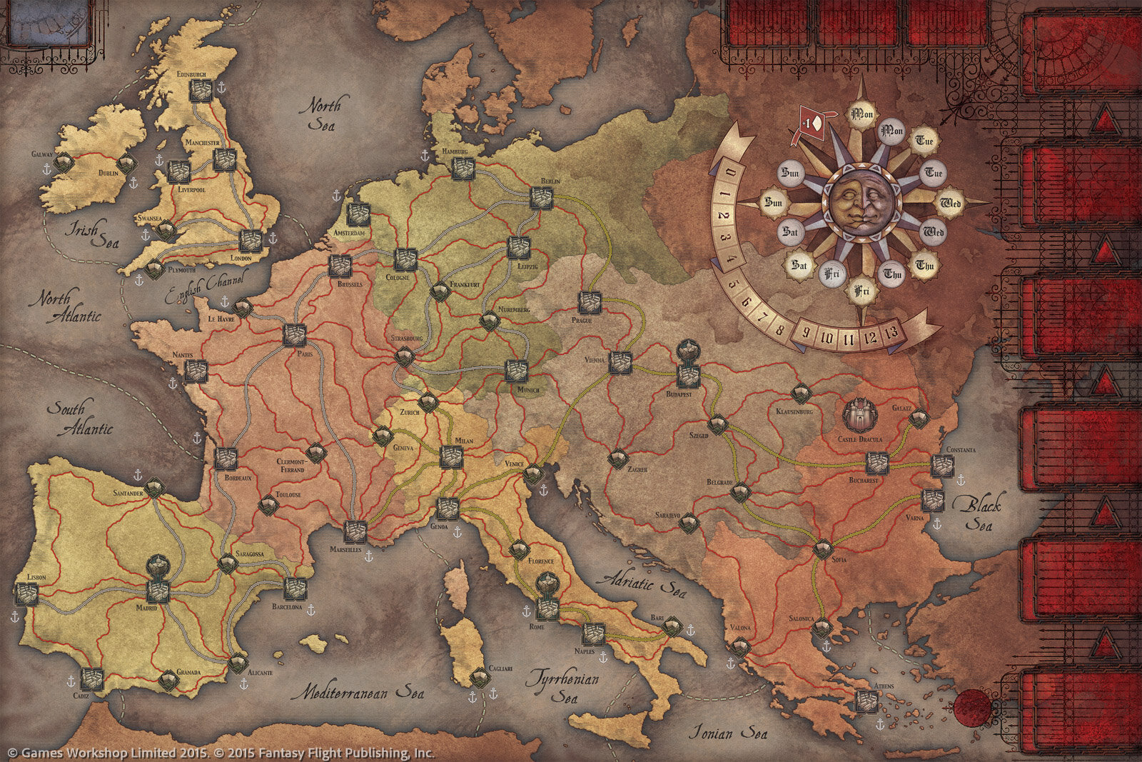 Fury of Dracula (FFG Edition) game board. 33" wide, 22" tall.
Original and 100% created by Samuel R. Shimota. Tools used: Sketchup 3D, Adobe Illustrator, Photoshop, and InDesign.