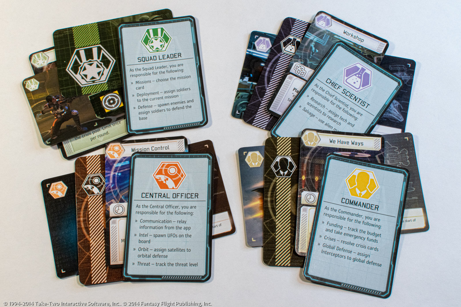 XCOM: The Board Game cards. Four icons indicate player roles, and their related components.