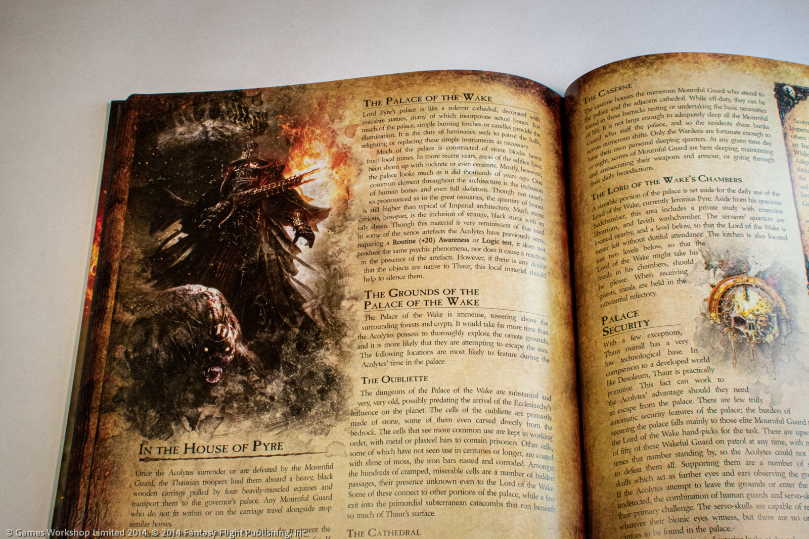 Dark Heresy (Second Edition): Forgotten Gods excerpt (detail). The illustrations throughout this book, done by a multitude of artists, were blended into the page. An analog process designed by Taylor Ingvarrson gave them the appearance of being paint