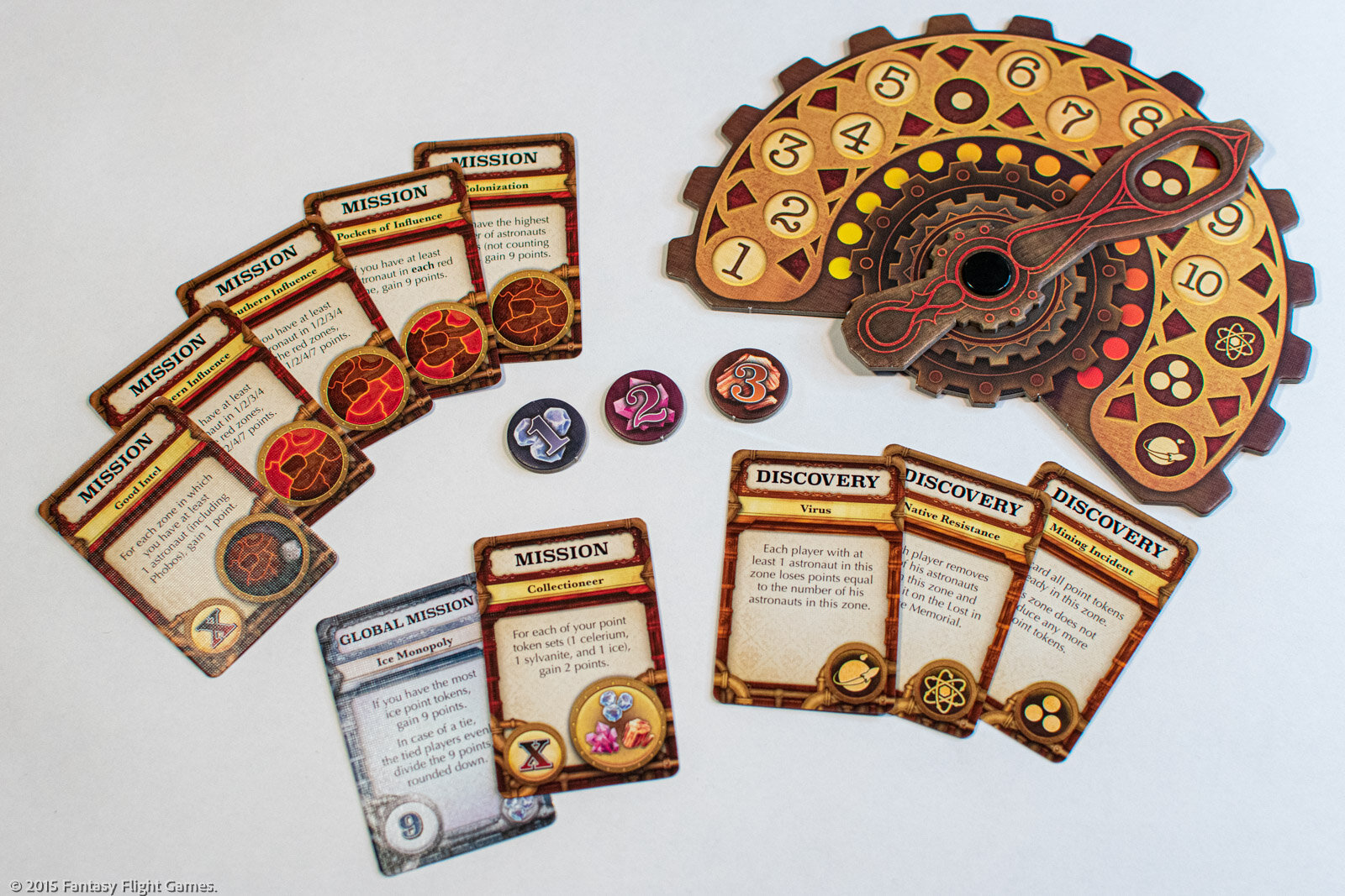 Mission: Red Planet (FFG edition) components. Iconographic features include the mini-map in the corner of mission cards, resource icons, and game phase icons (seen on the dial and on mission cards).