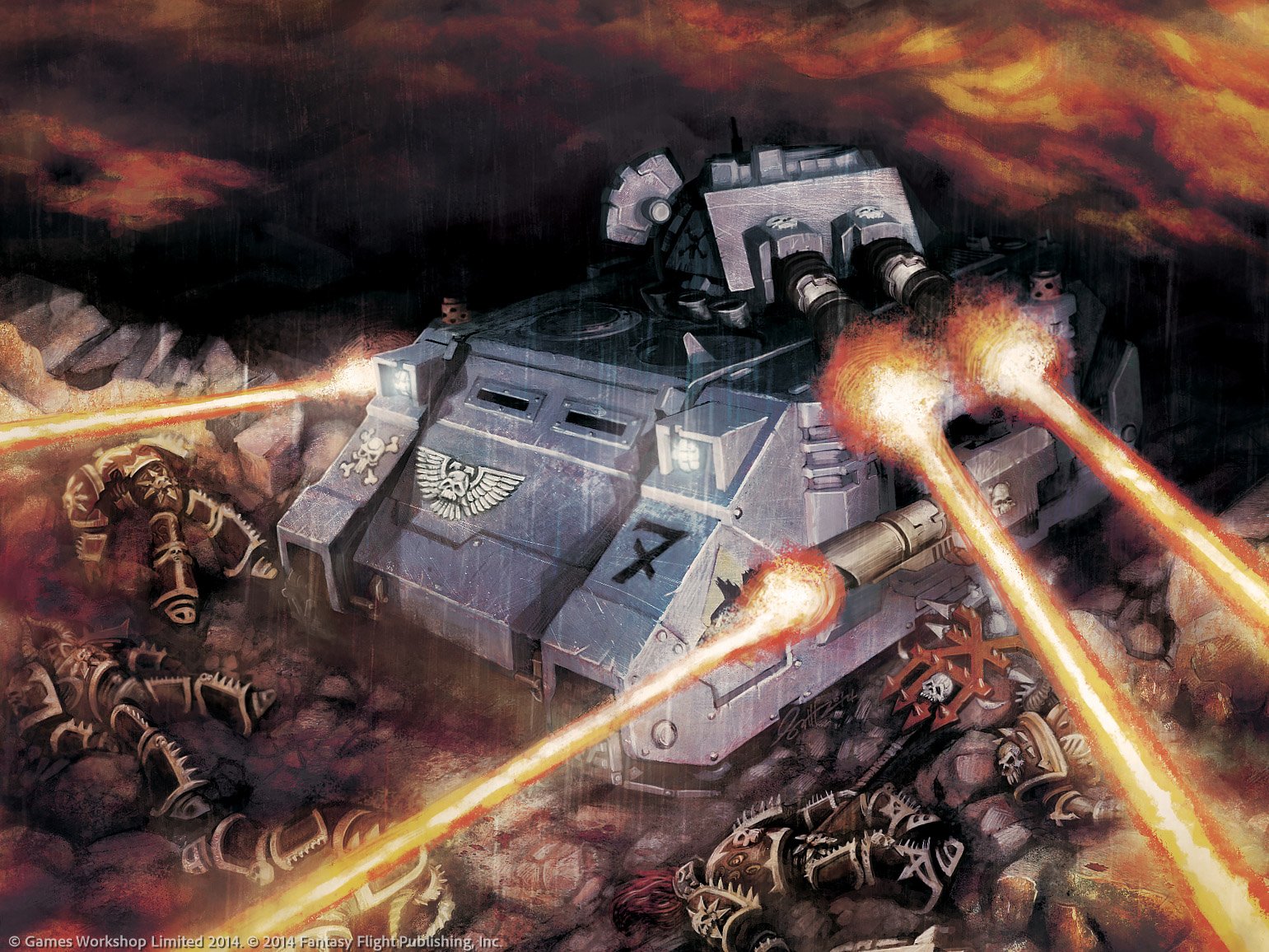 Warhammer 40k Conquest card illustration: "Space Wolves Predator," 2014. Art Director: John Tallion. Color of the laser blast was changed to blue for publication.