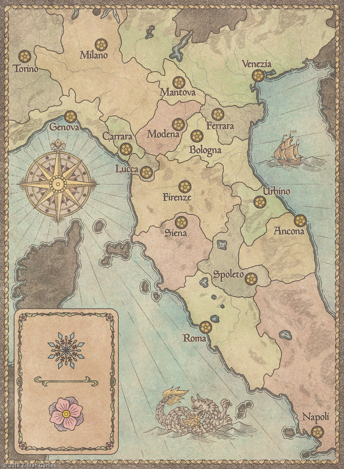 Condottiere game board. 8.25" wide x 11.25" tall.
Original and 100% created by Samuel R. Shimota. Tools used: Adobe Illustrator, Photoshop, InDesign.