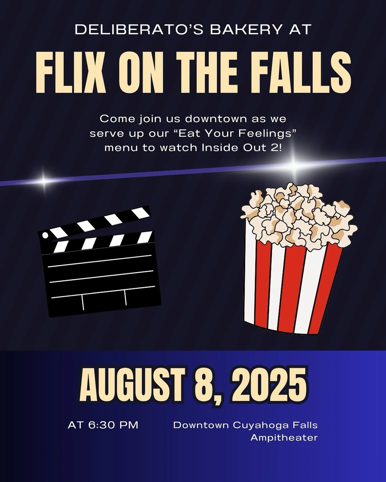 Come join us in downtown Cuyahoga Falls for Flix on the Falls THIS Firday (8/8)! We will be there serving our &ldquo;Eat Your Feelings&rdquo; menu for Inside Out 2 with everyone&rsquo;s favorites and a new item 👀

Like and comment on this post for a