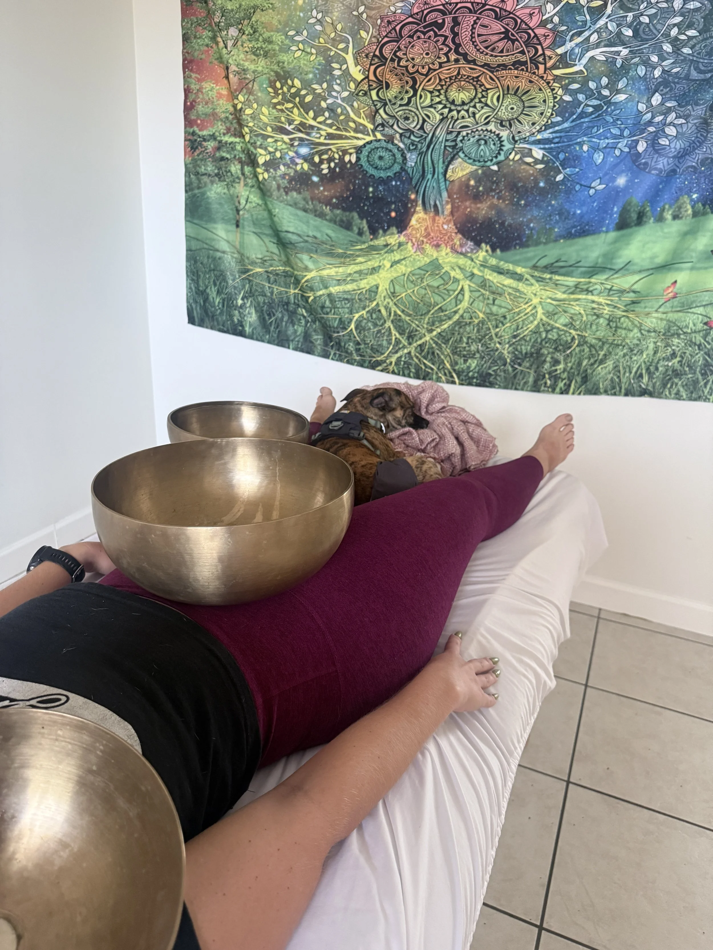 A person lying on a massage table with a small dog resting on their stomach, two singing bowls, and a large colorful tapestry featuring a tree with intricate designs and vibrant colors hanging on the wall.