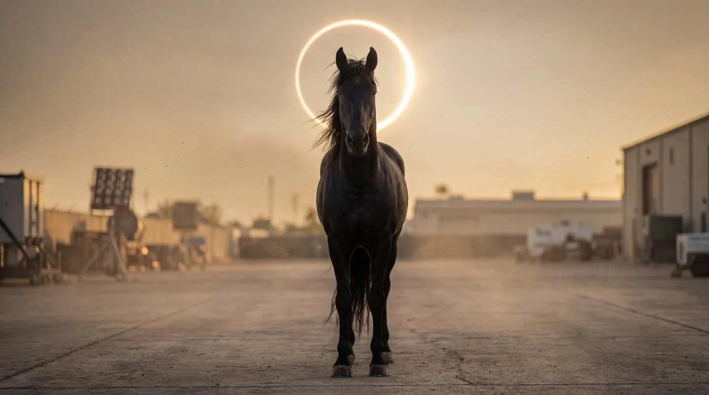 Today it begins.

Officially.

The Year of the Horse opens its gate.
A sixty year cycle turns.

And the sky seals it with a ring of fire.
The sun crowned in flame. Eclipsed. 
Light interrupted.
Light reborn.

The Horse is movement.
Fire is amplificat
