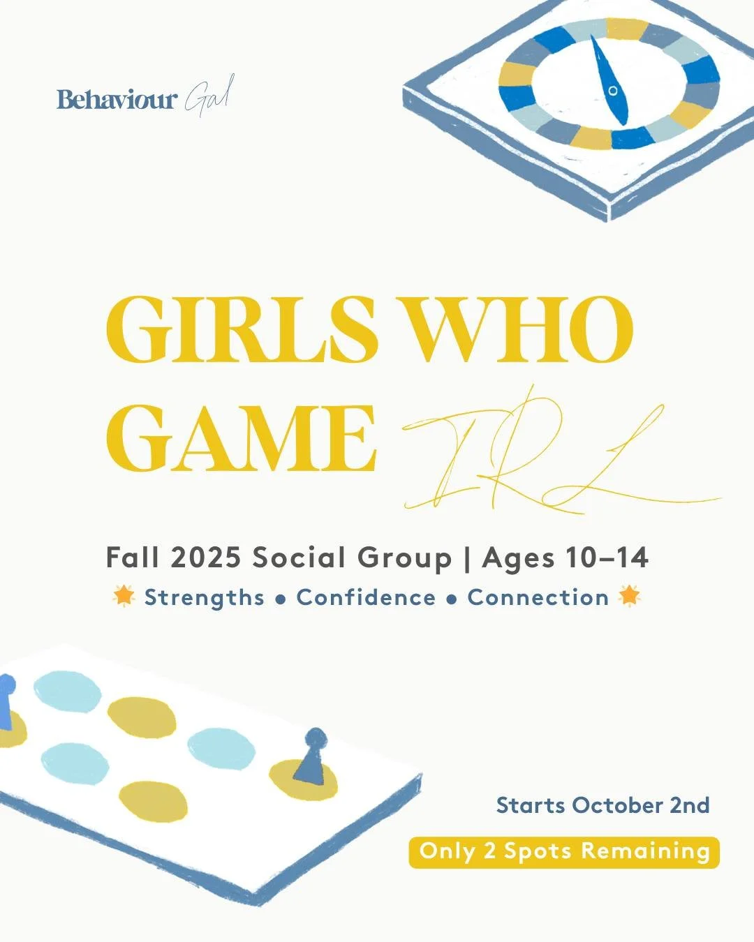 Our pre-teen girls group is just around the corner. 🎲

This bi-weekly, in-person social group starts on October 2nd, where girls ages 10&ndash;14 connect through out-of-the-box board games carefully chosen to highlight strengths and build skills in 