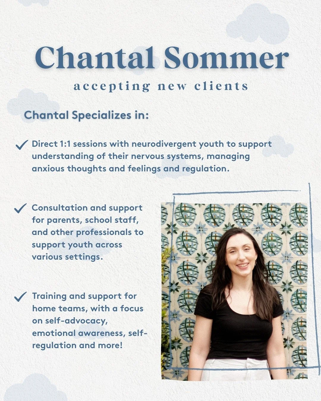 We&rsquo;re so excited to share that Chantal Sommer, M.Ed., BCBA is currently accepting new clients in the Lower Mainland of BC! 🐨

Chantal specializes in working with adolescents and young adults who are navigating challenges like anxiety and emoti