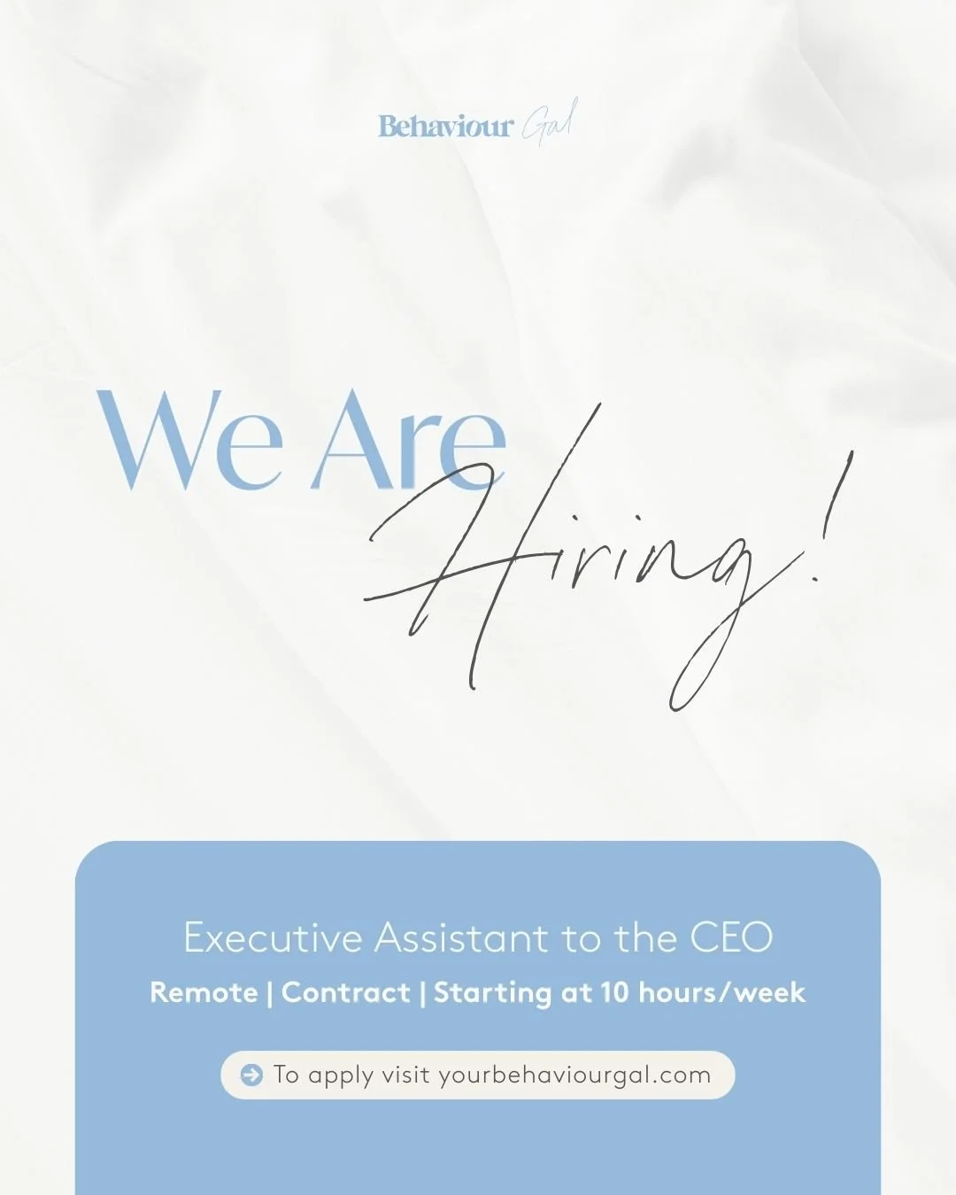 This is a really exciting moment for Your Behaviour Gal! 🩵

As the work continues to grow, I&rsquo;ve reached a point where I&rsquo;m looking for someone thoughtful to work closely alongside me.

I&rsquo;m hiring an Executive Assistant who will help