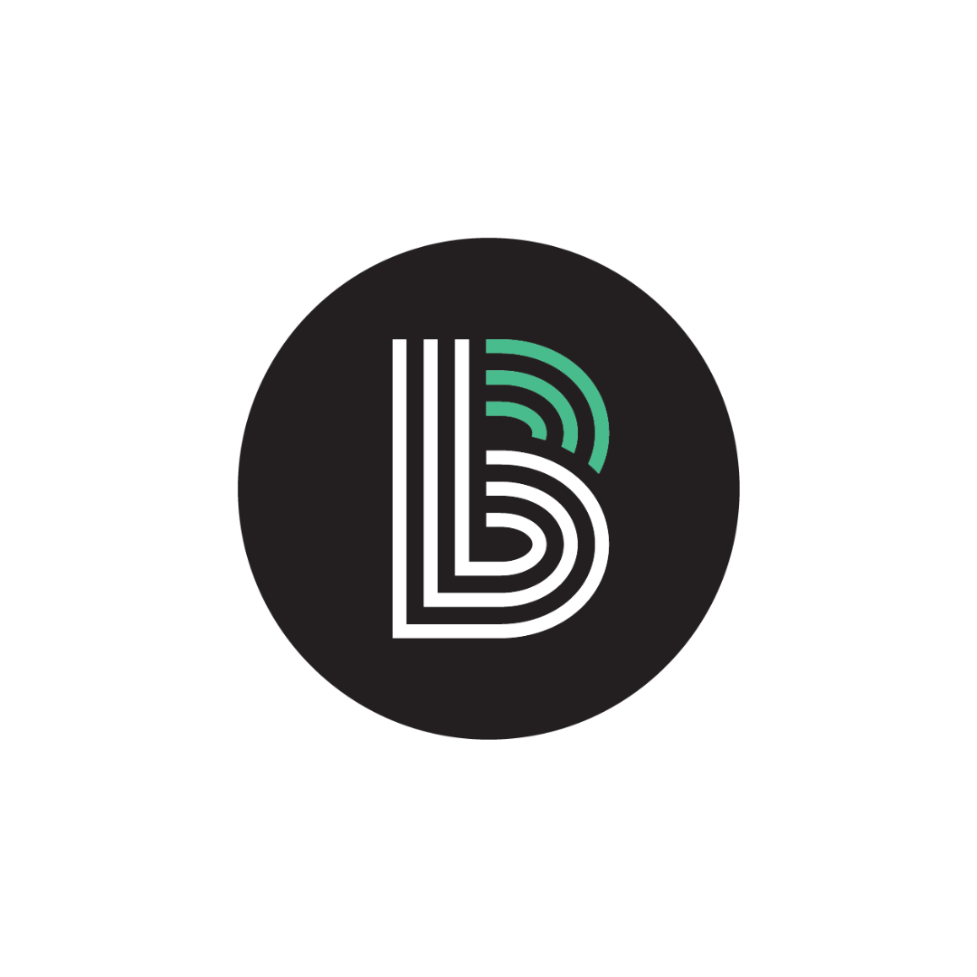 Stylized logo with interconnected lines forming a letter 'B' inside a black circle.