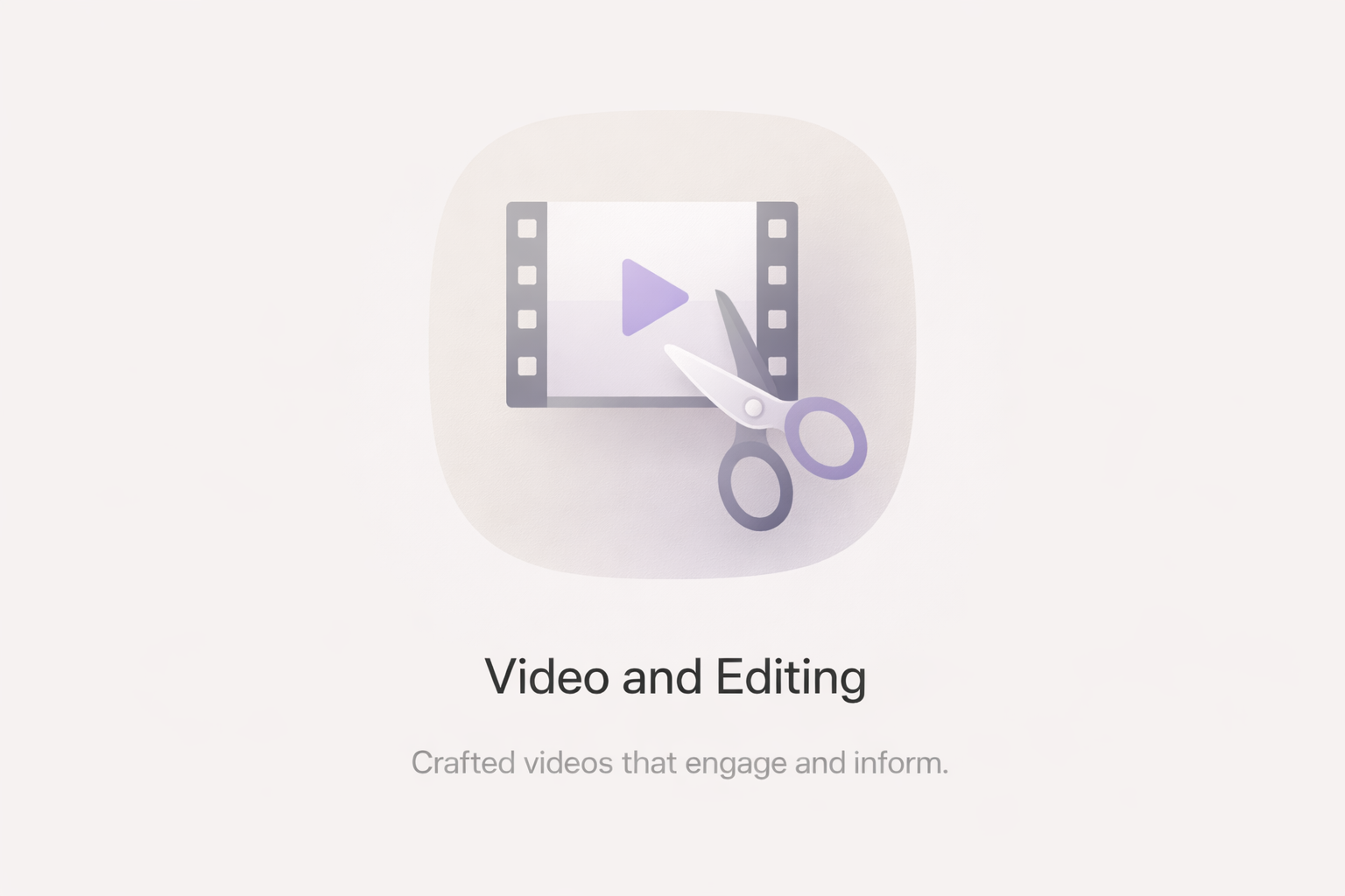 Icon representing video editing, with a film strip background, a play button, and scissors