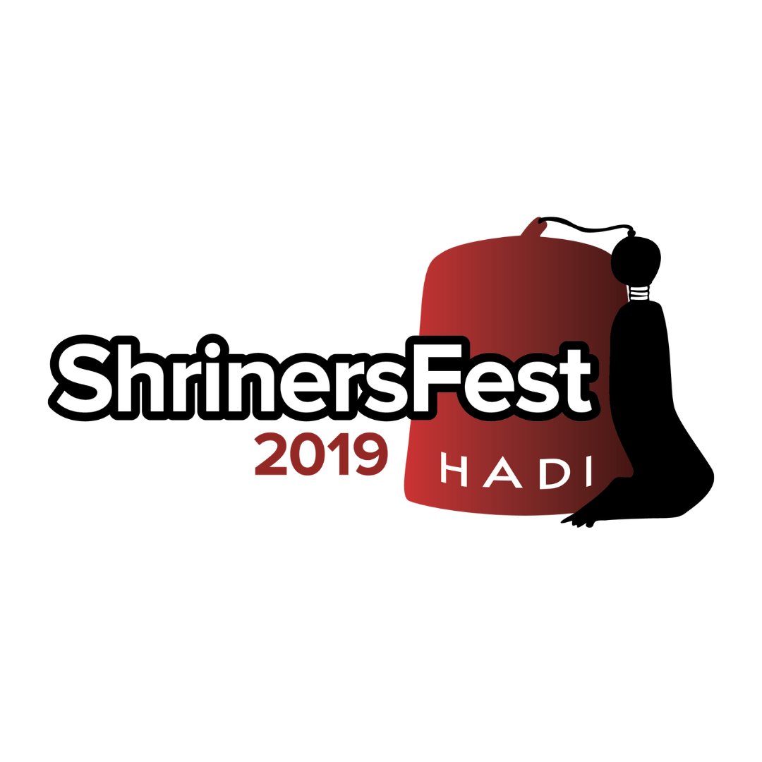 Logo for ShrinersFest 2019 featuring a red fez hat with black tassel and a black silhouette of a person in a tuxedo, with the text "ShrinersFest 2019" and "HADI".